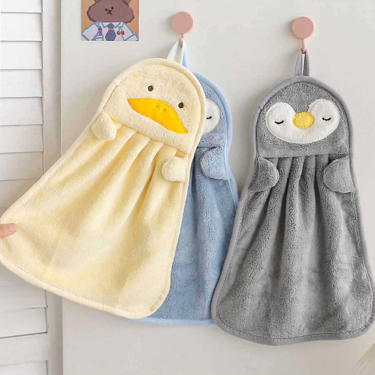 Ewanda 3 Pack Cute Hand Towels with Hanging Loop, Kids Hanging Towels for Kitchen & Bathroom