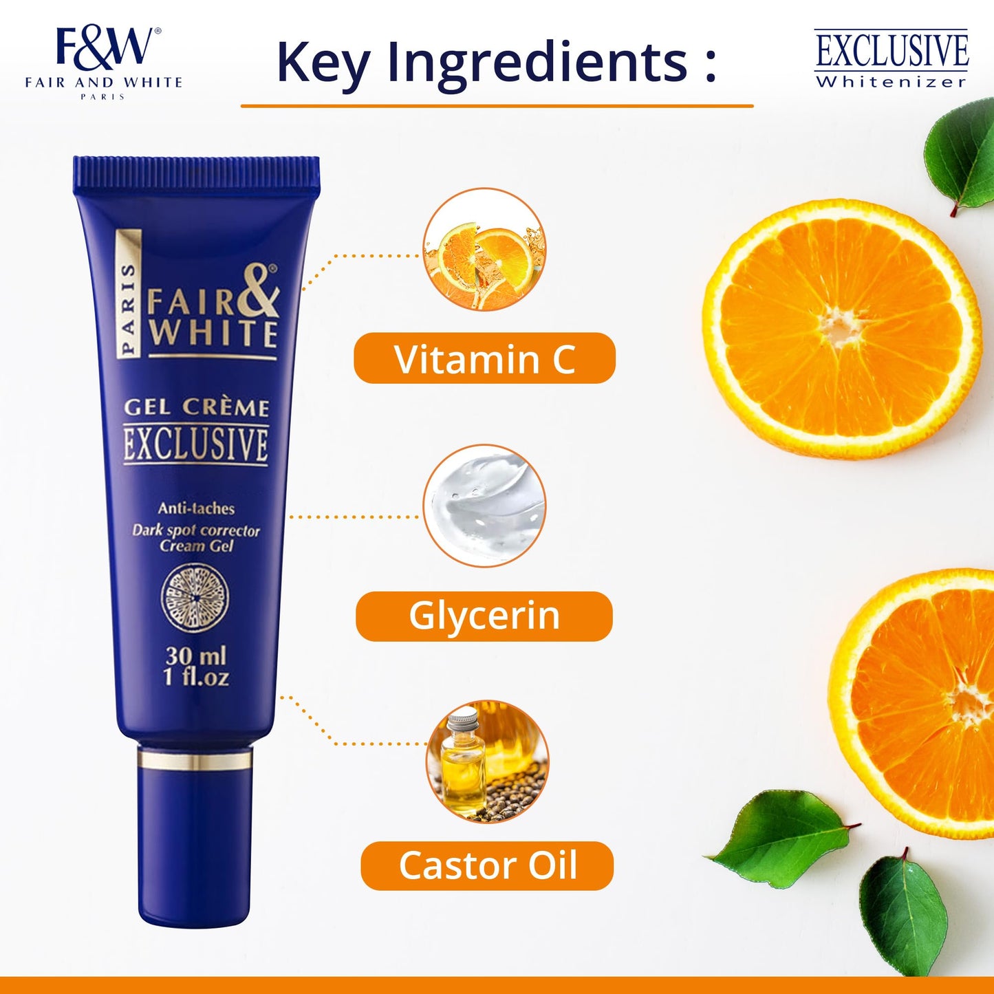 Fair and White Exclusive, Brightening Gel Cream - 30 ml / 1 Fl oz - Deeply Moisturizes, Formulated to Fade Dark Spots with Vitamin C, Glycerin