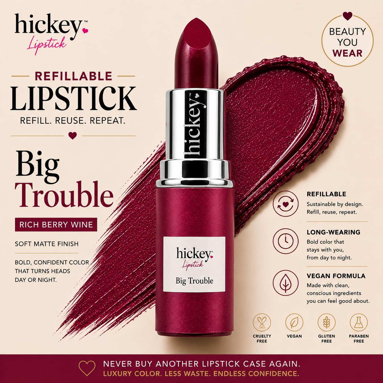 Hickey Lipstick Refill - Big Trouble (Berry Wine) - Hydrating Formula with Jojoba Oil, Long Lasting Velvet Finish Formula - Vegan & Gluten-Free