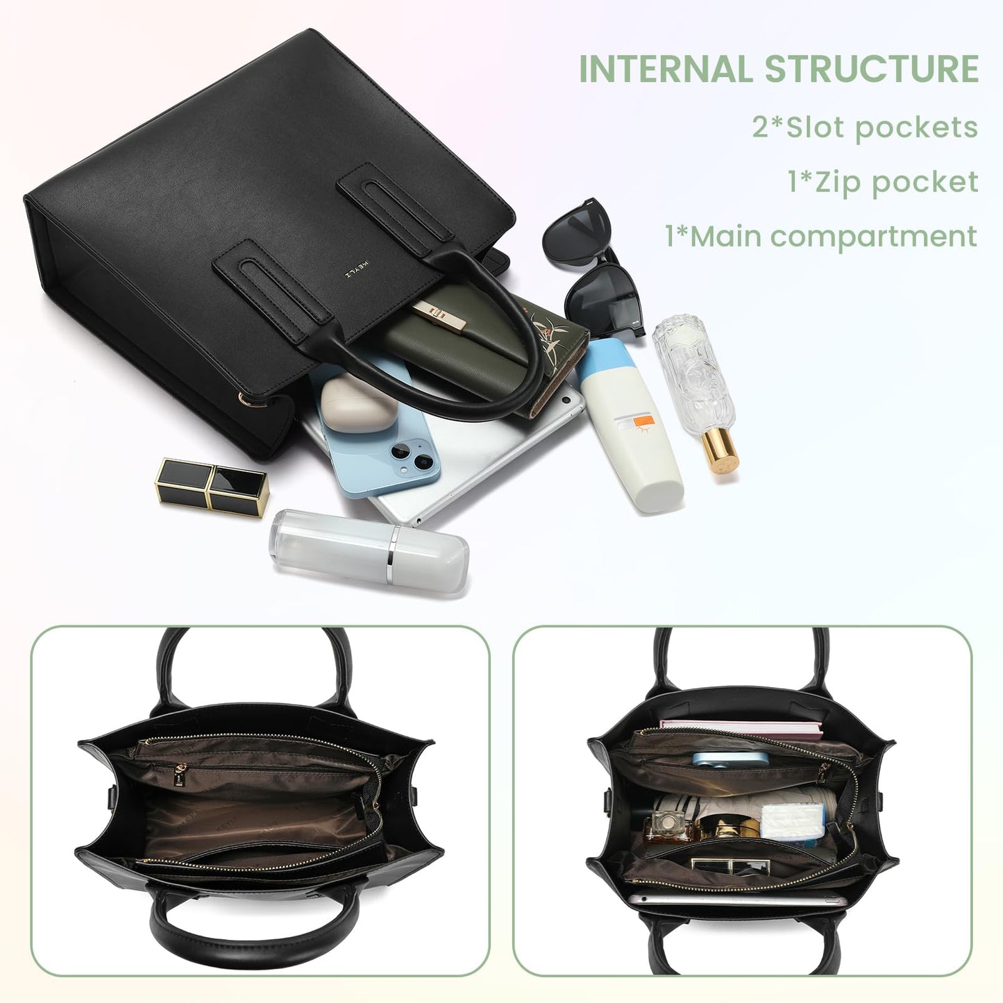 Keyli Tote Bag for Women Fashion lightweight Crossbody Everyday Purse Vegan leather Handbags Satchel for Working, Travel and Shopping Black