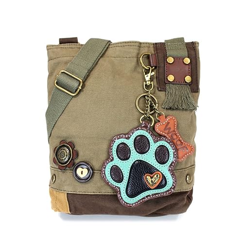 Chala Canvas Crossbody Messenger handBags with Keyfob/Coin Purse - (Green Paw) (Olive -Teal Paw)