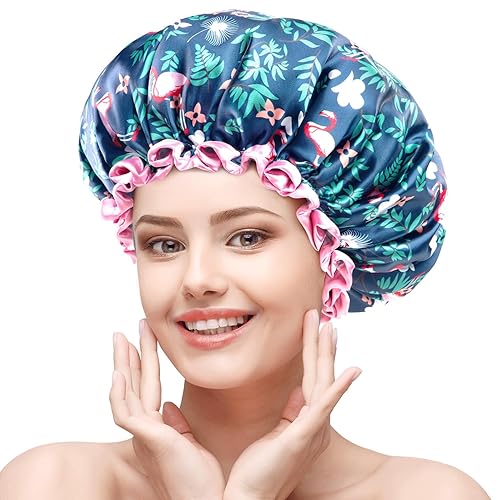 mikimini Large Shower Cap for Women Long Hair, 2 Pack,Flamingo Shower Caps with Pink Lace, Double-layer Waterproof, Reusable, Washable,X-Large (Pack