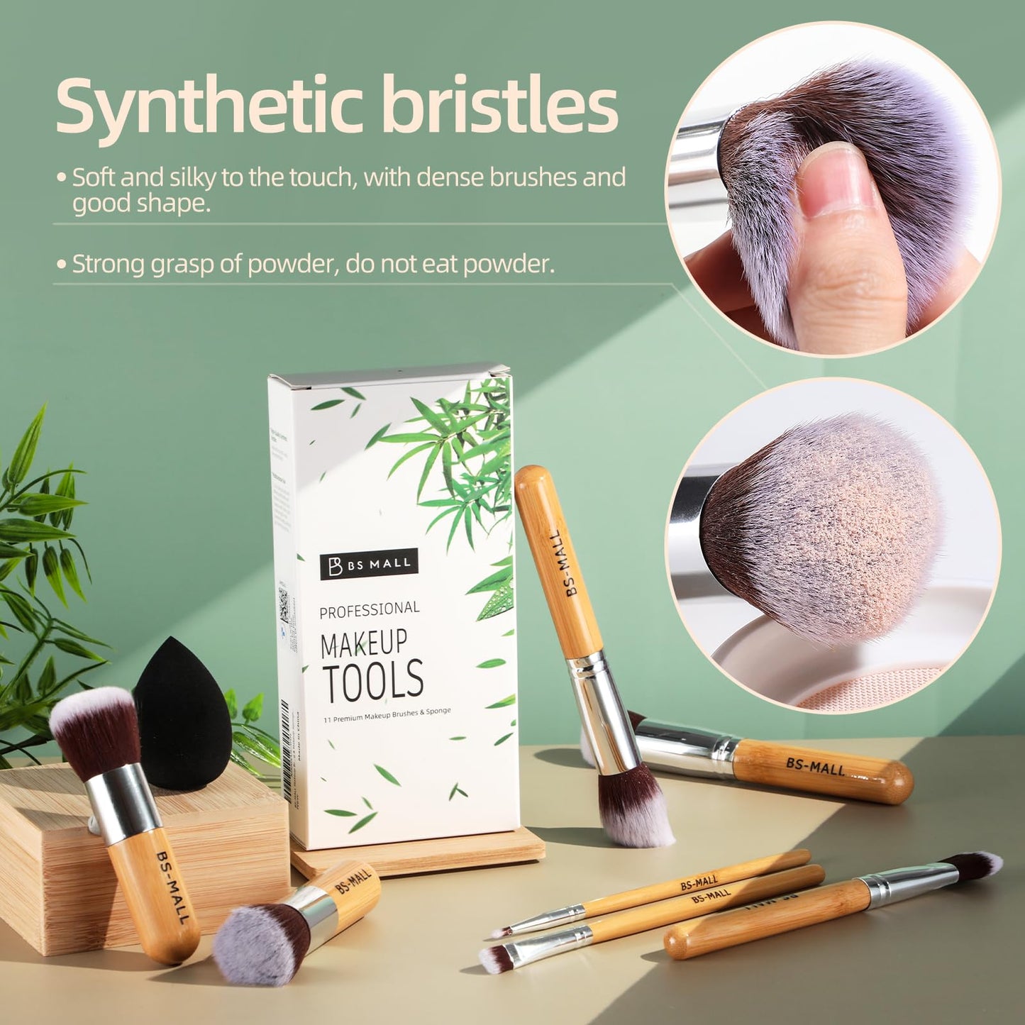 BS-MALL Makeup Brush Set 11Pcs Bamboo Synthetic Kabuki Brush Set Foundation Powder Blending Concealer Eye shadows Blush Cosmetics Brushes