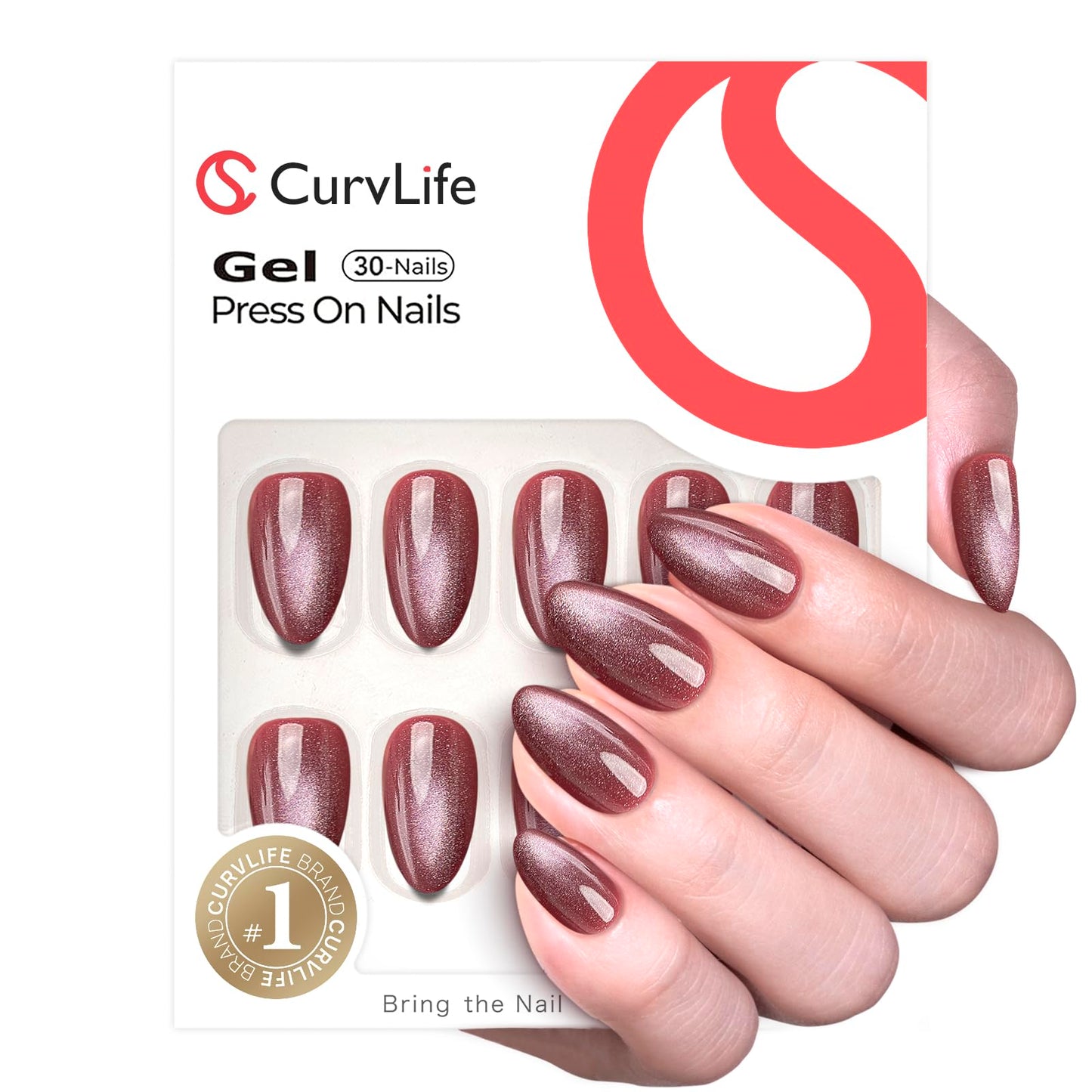 CurvLife Press on Nails Short Almond Cat Eye Pink Fake Acrylic Nails with Apricot Design Full Cover False Nails Glossy Nude Artificial Stick on Nails Beauty and Personal Care CurvLife