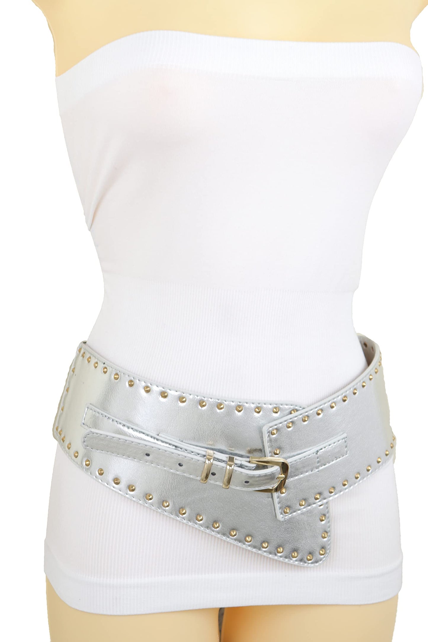 Women Wide Western Fashion Belt Hip Waist Silver Faux Leather Gold Metal Studs XS S