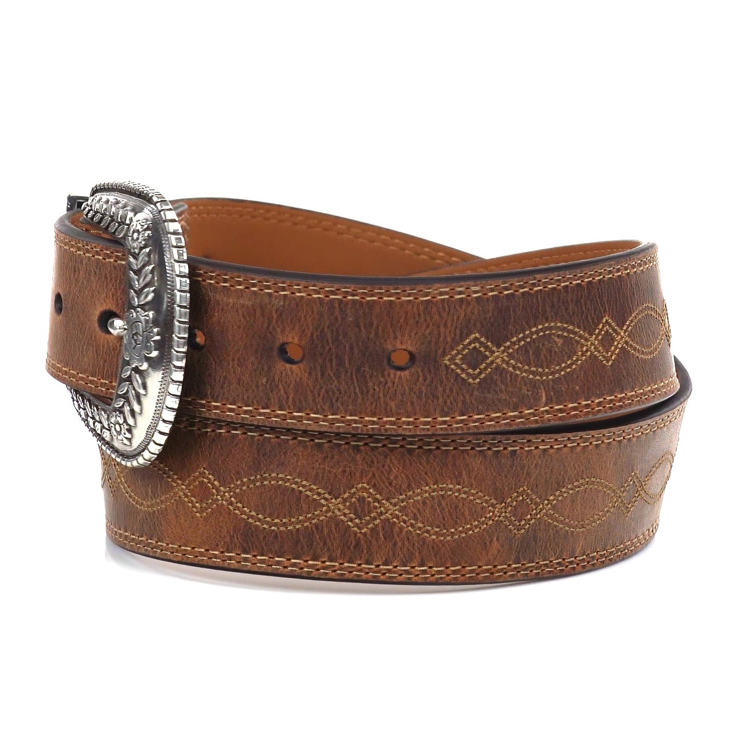 ARIAT Women's Center Stitch Leather Tapered Belt with Removable Antiqued Silver Buckle (Brown, Size 34)