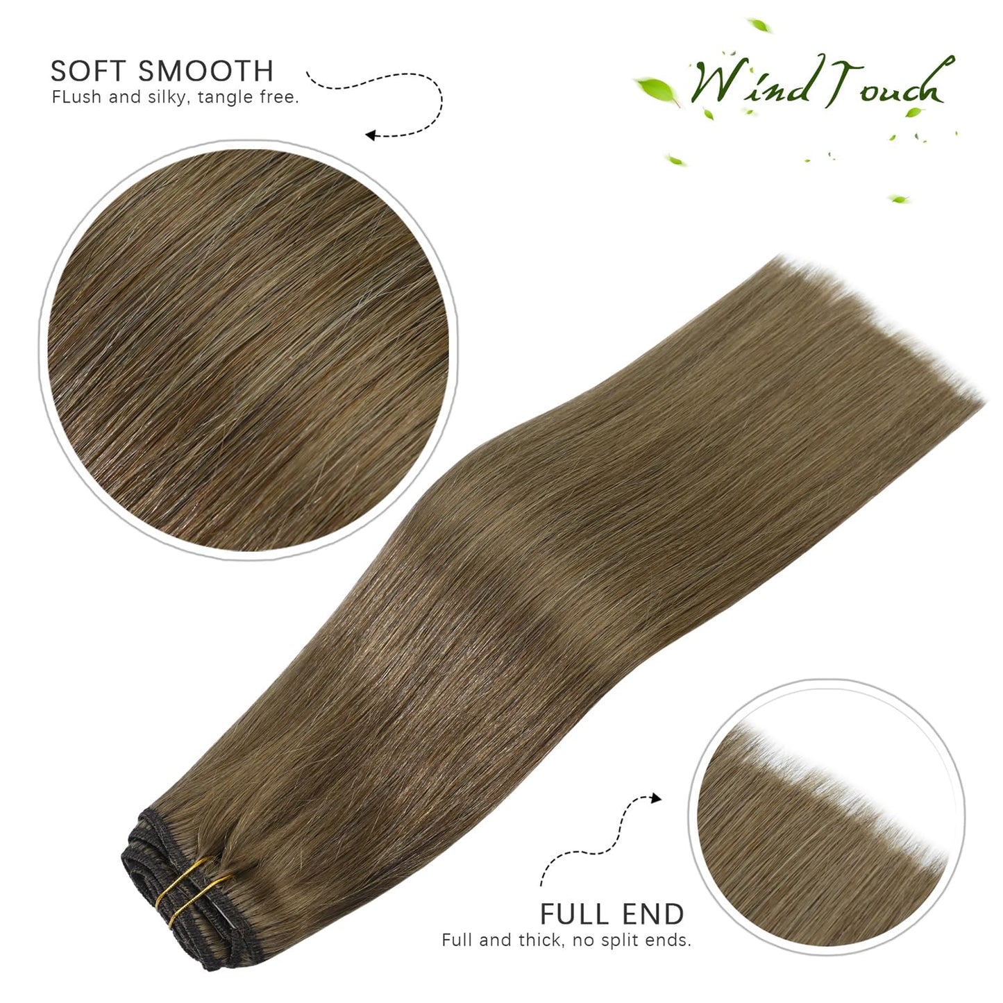 WindTouch Clip in Hair Extensions Remy Hair Ash Brown For Black Women 20Inch 75g Soft Clip Ins #8 7PCS Gift For Women