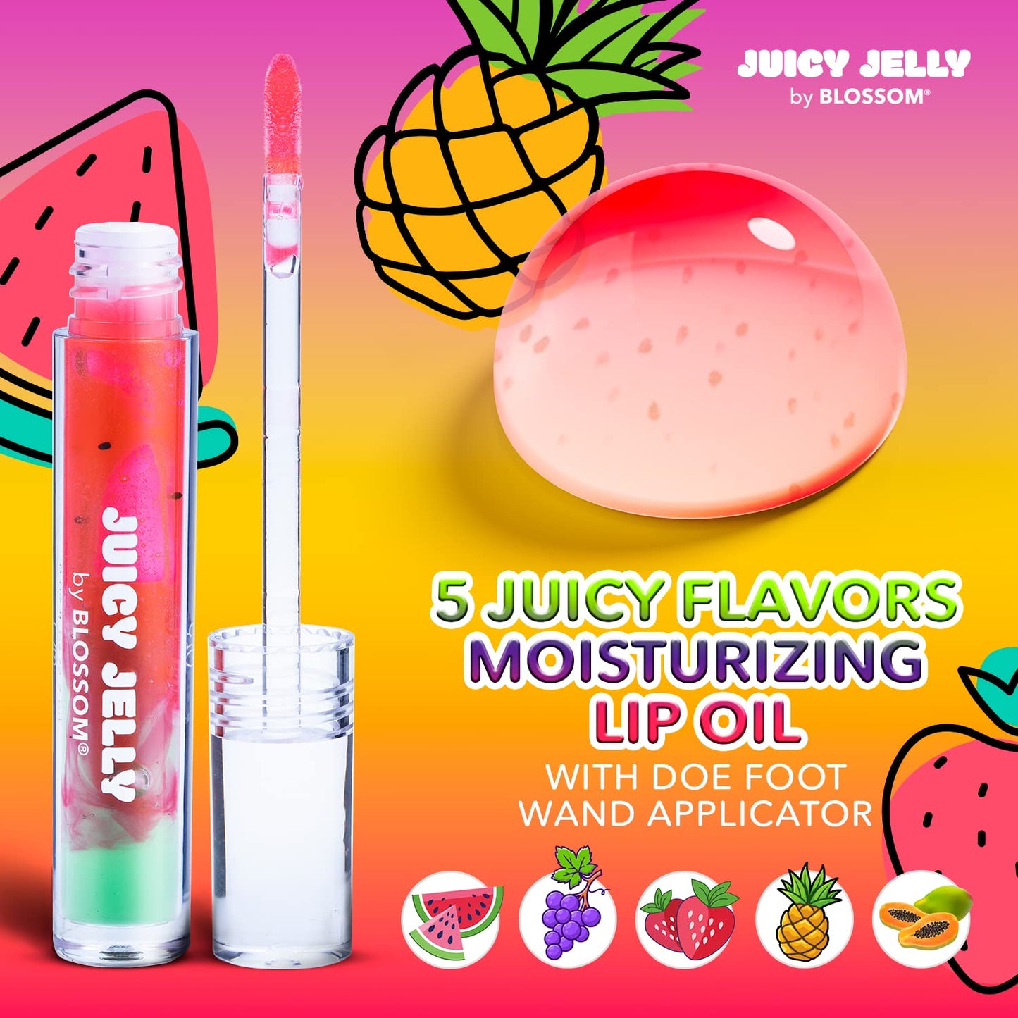 Blossom Lip Gloss Juicy Jelly Moisturizing Fruit Flavored Nourishing High Shine Lip Oil with Doe Foot Wand Applicator, 0.09oz, Watermelon