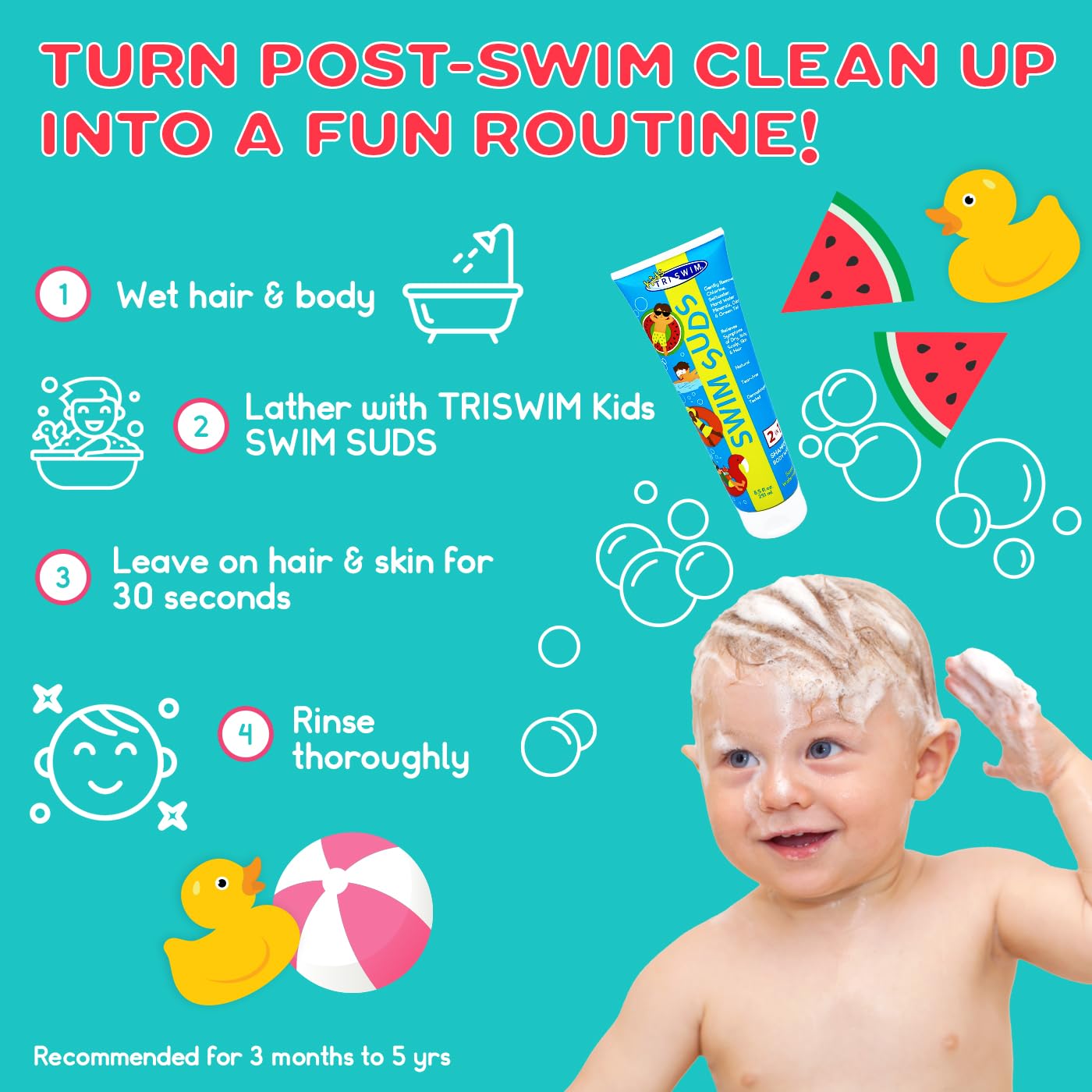 TRISWIM Kid’s SWIM SUDS Formulated for BABIES and up. NATURAL, TEAR-FREE, 2-in-1 Shampoo and Body Wash | Gently Removes Chlorine & Saltwater |