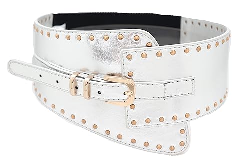 Women Wide Western Fashion Belt Hip Waist Silver Faux Leather Gold Metal Studs XS S