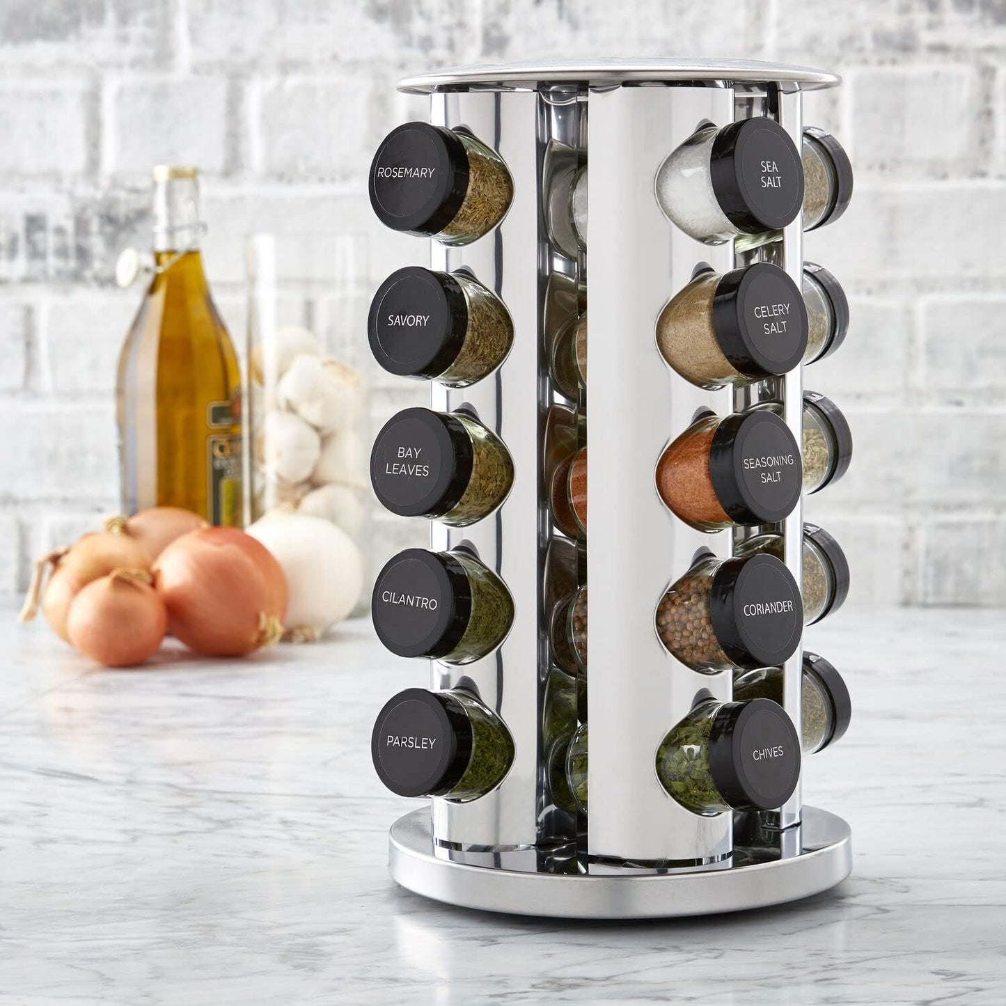Kamenstein 20 Jar Revolving Countertop Spice Rack with Spices Included, FREE Spice Refills for 5Years, Polished Stainless Steel with Black Caps, 30020