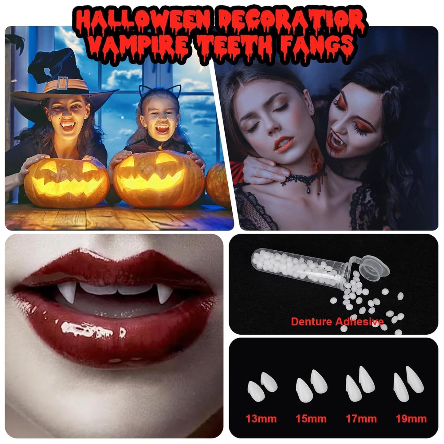 Vampire Fangs Kit with Black Lipstick & Fake Blood - 4 Pairs 4 Sizes SFX Fake Teeth, Vampire Blood & Goth Lipstick for Halloween Cosplay Makeup