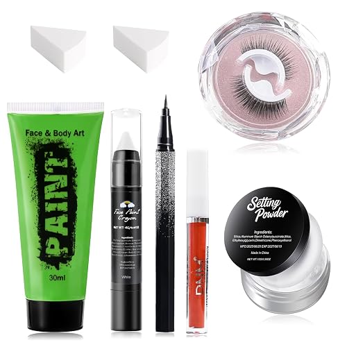 Halloween Witch Makeup Set, Includes Green Face Body Paint, Black Eyeliner, False Eyelashes, Red Lipstick, Setting Powder, Sponge - SFX Face Painting
