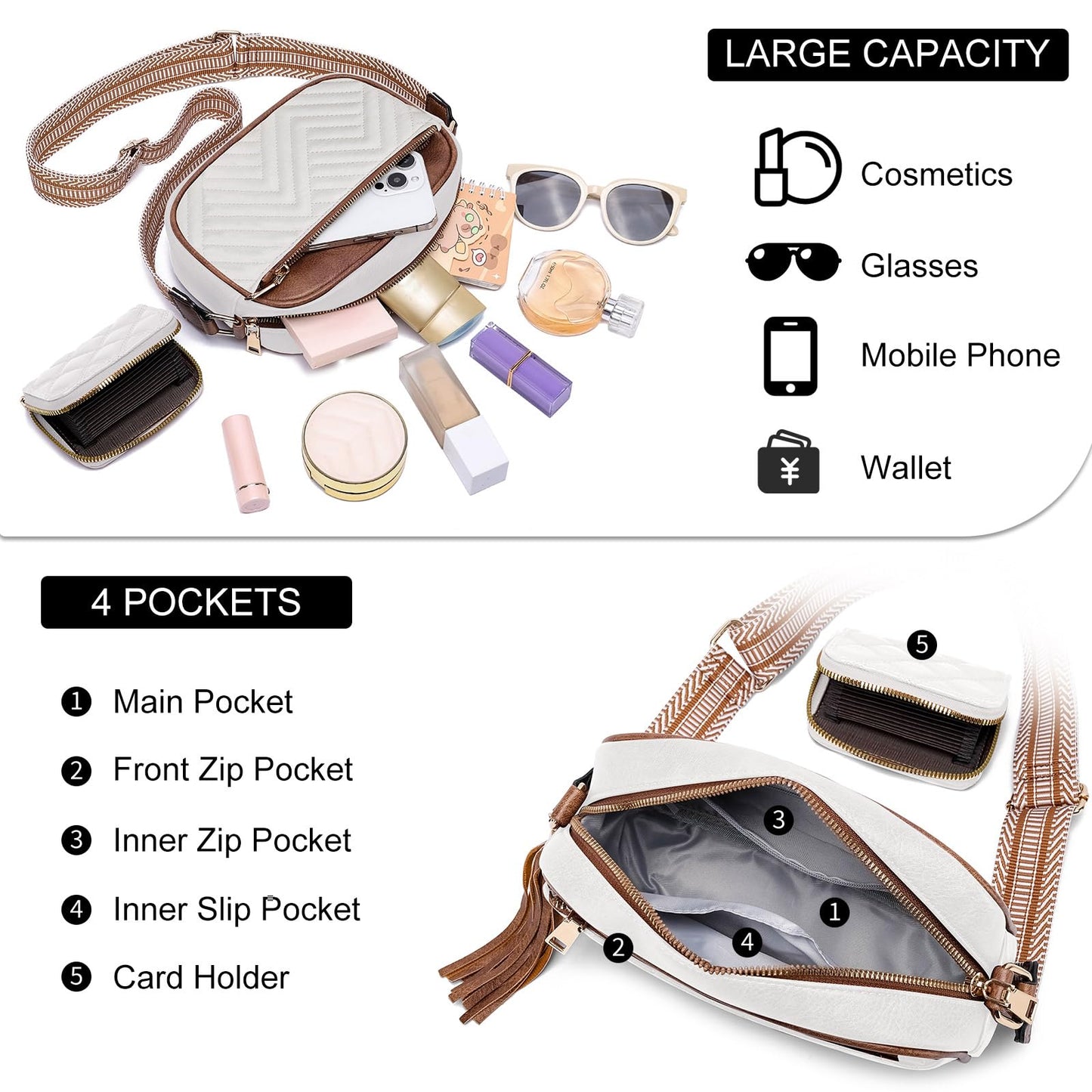 Crossbody Bags for Women Shoulder Handbags: Quilted Wallet Set Vegan Leather Purses with Tassel Adjustable Guitar Wide Strap White-Brown