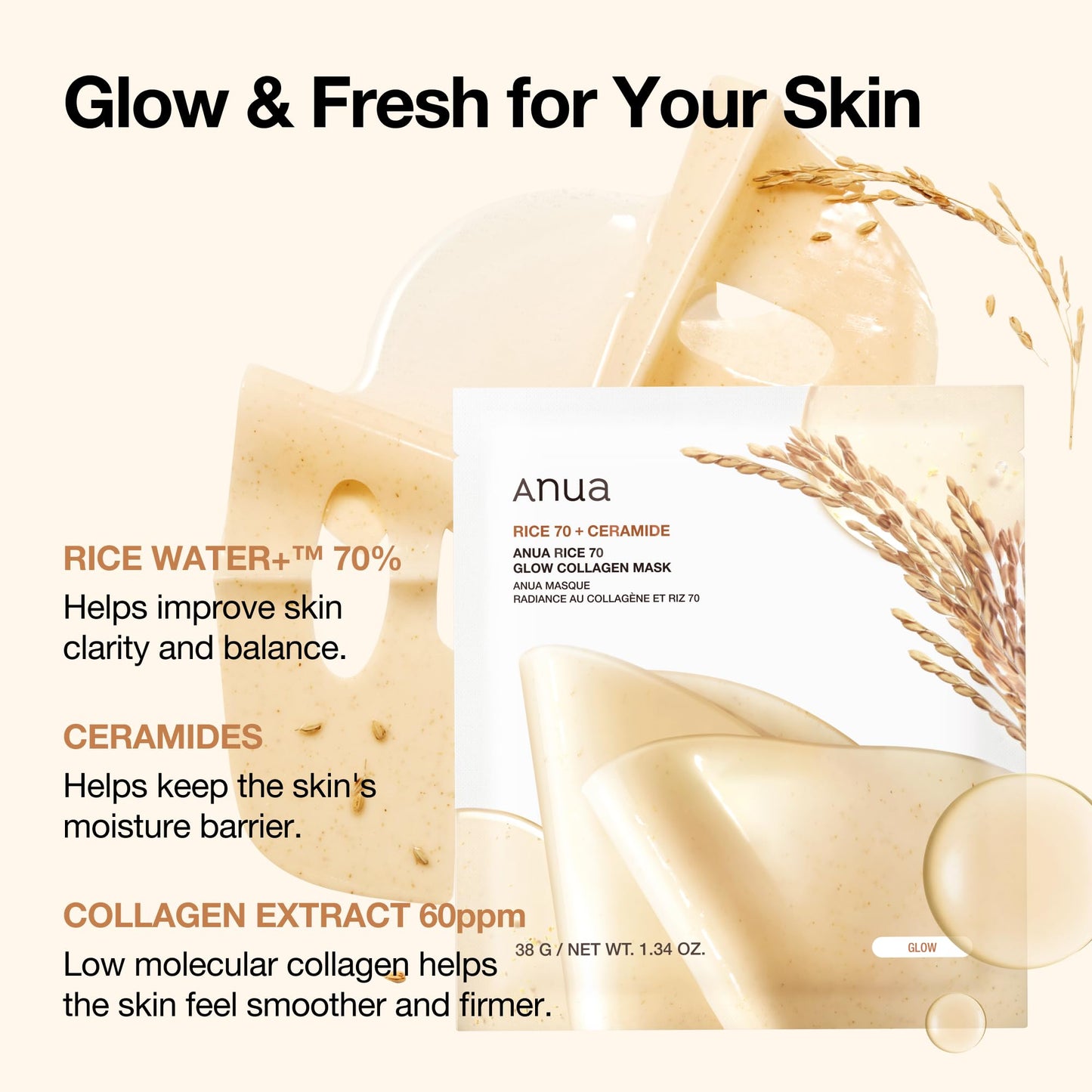 ANUA Rice 70 Glow Collagen Mask, Overnight Face Mask for Glass Skin, Ceramide, Collagen Facial Mask, Skin Moisture Barrier, Tightening Care, Natural Beauty and Personal Care ANUA