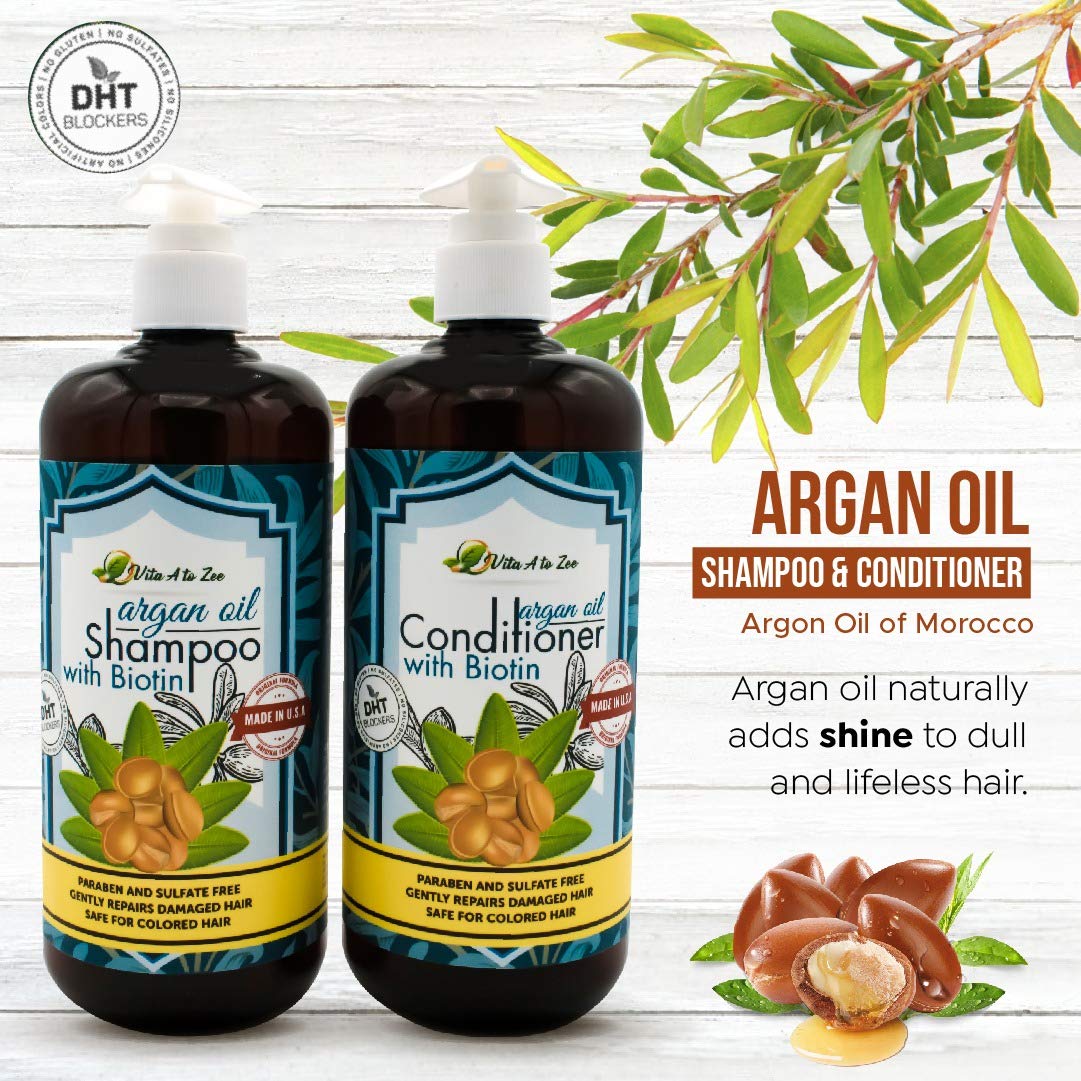 Vita A to Zee Moroccan Argan Oil Biotin Shampoo & Conditioner Set (2 x 16.9 Fl Oz) | Natural Hair Repair, Moisturization & Conditioning Treatment