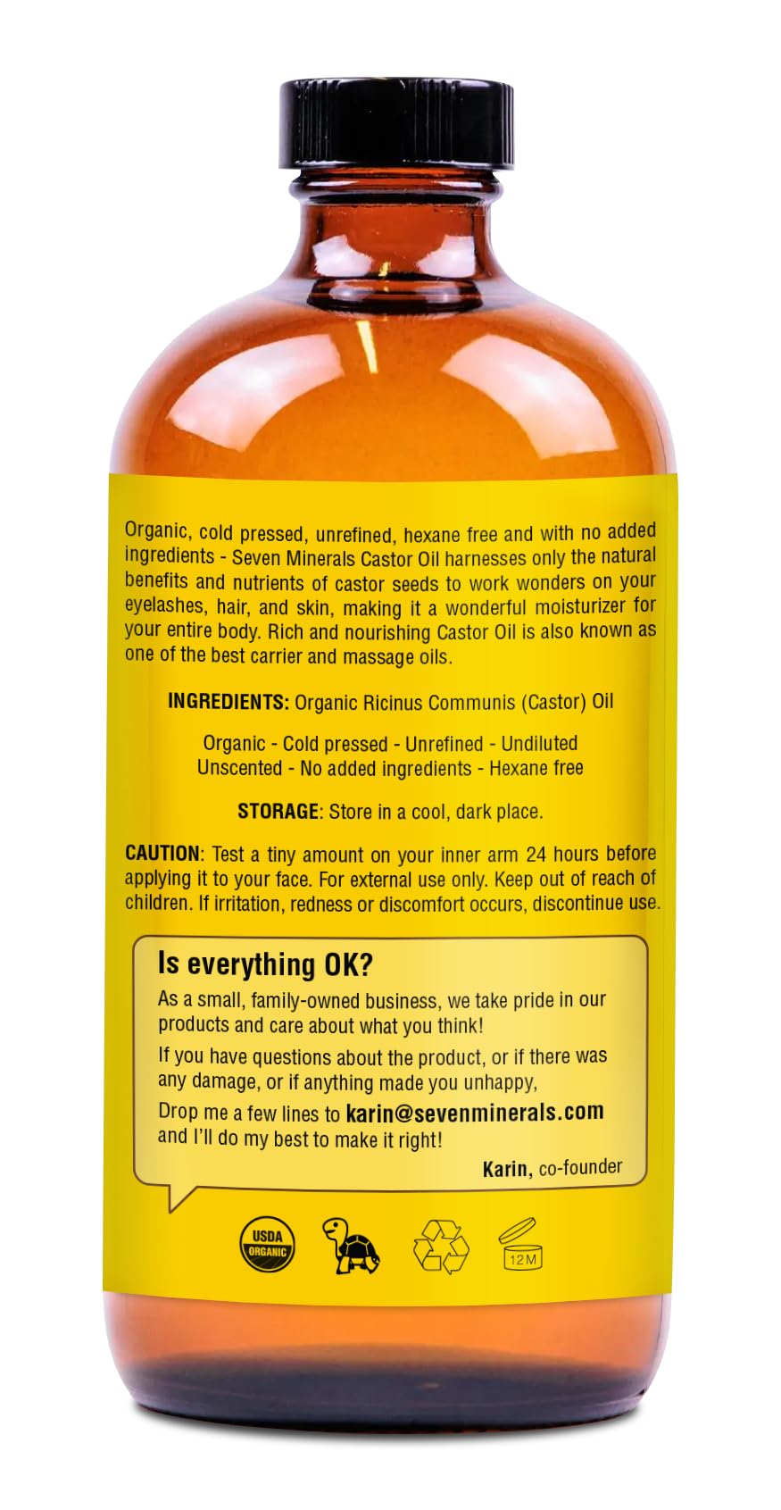 Seven Minerals USDA Organic Castor Oil - Big 16 oz Glass Bottle with Pump - 100% Pure Cold Pressed Unrefined Hexane Free - for Hair Growth, Eyelashes Beauty and Personal Care Seven Minerals