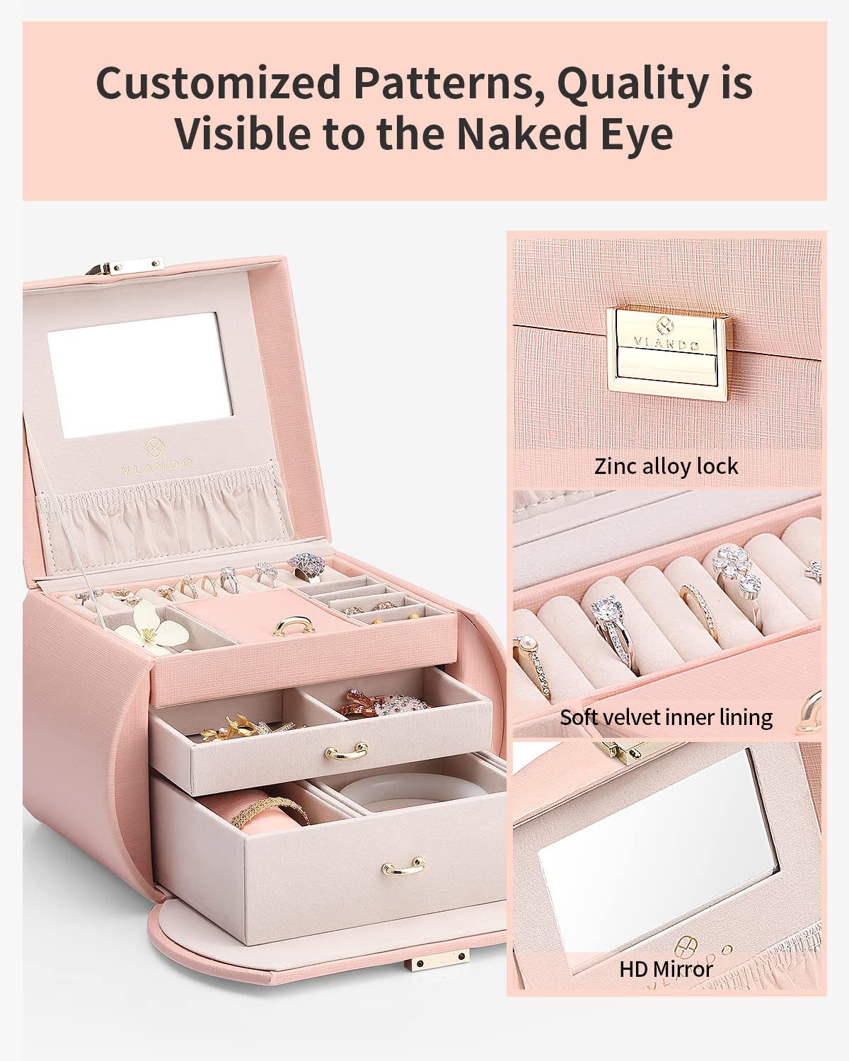 Vlando Princess Style Jewelry Box for Girls Jewelry Box Girls 12-14 3-Layer Kids Jewelry Box with Mirror Little Girls Jewelry Box 8-12 Birthday Gift…