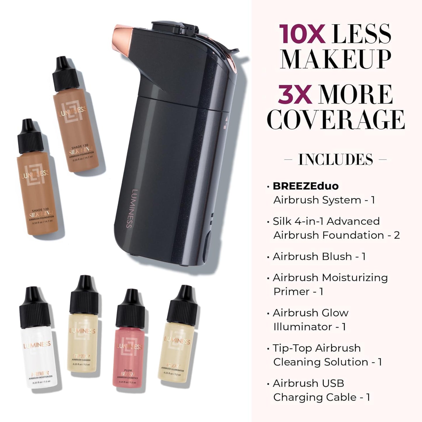 Luminess Breeze Duo Airbrush Makeup System, Deep Coverage - 9-Piece Kit includes 2x Silk Airbrush Foundation, Apricot Shade Blush, Glow Highlighter