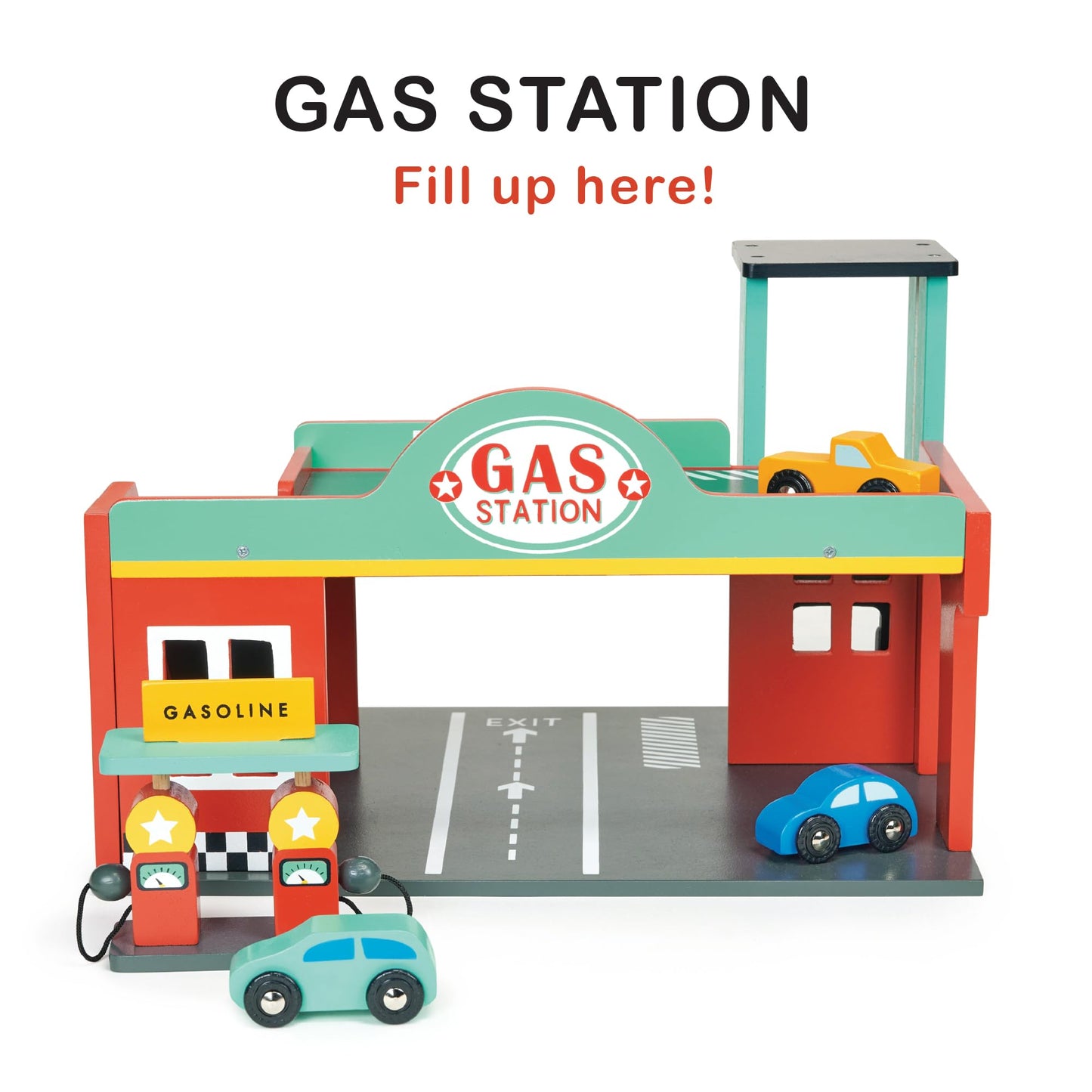 Mentari Toys Wooden Gas Station Playset – Garage with Lift, Cars, Ramp & Gas Pumps – Imaginative Role Play Toy for Kids Ages 3+
