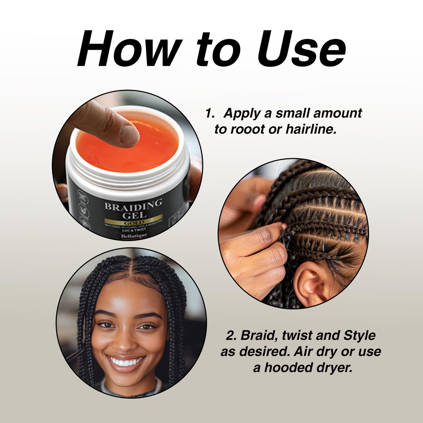 BELLATIQUE GOLD Braiding Gel Maximum Hold for LOC & Twist - No Flaking, No Whitening, Fast Drying, High Shine, Cool & Refreshing, Long Lasting Hold