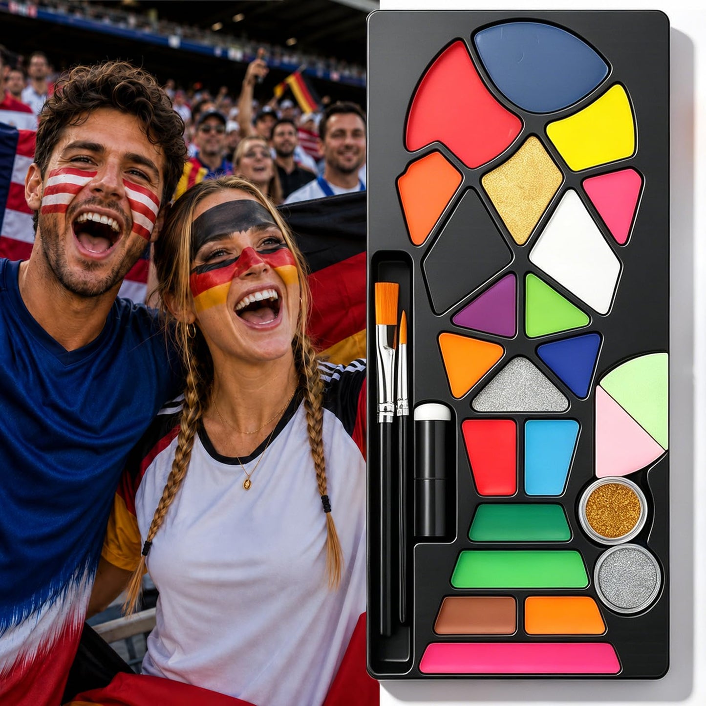 Sports Face Paint Kit, 20 Colors Washable Face & Body Paint with Glitter and Brushes, Game Day Makeup for Kids Adults, Parties, Bars & Team Events