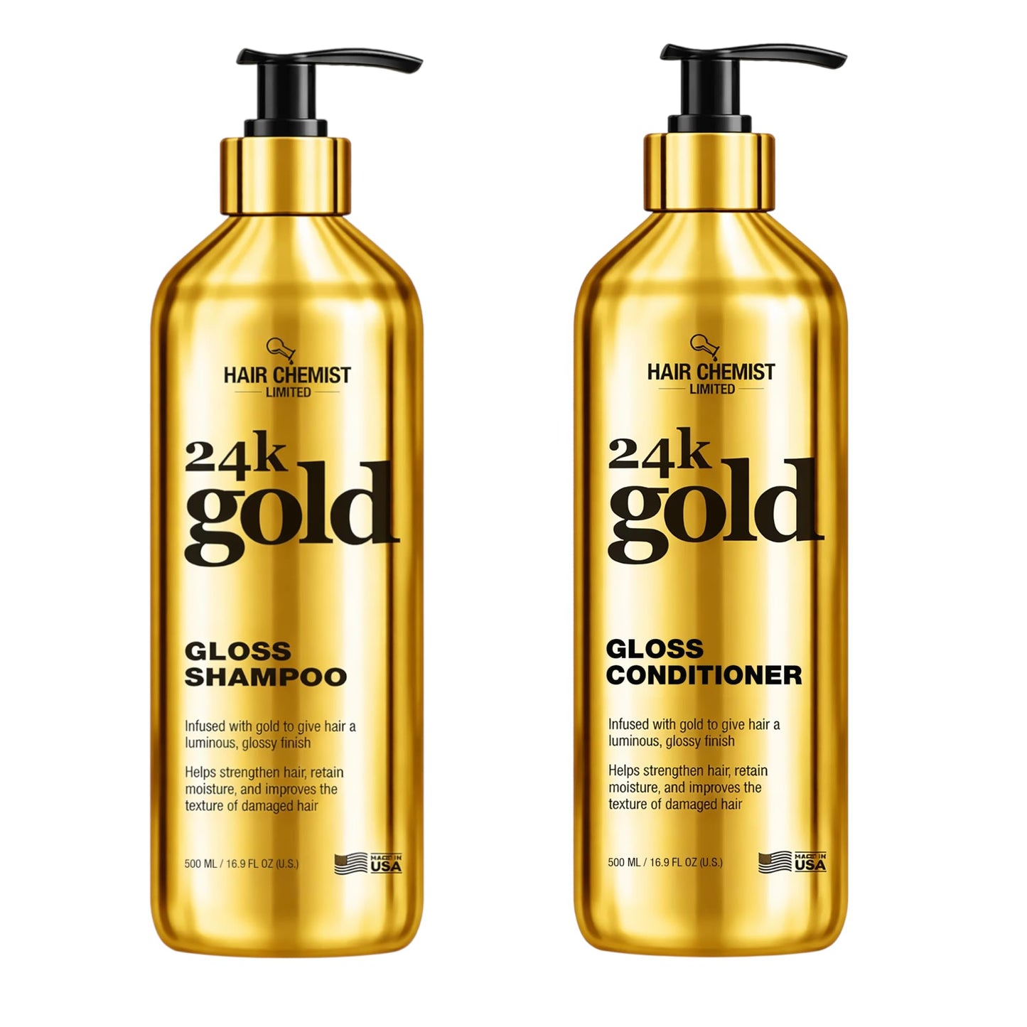 Hair Chemist 24K Gold Gloss Shampoo & Conditioner 16.9 oz. 2-PC Set - Strengthening & Shine Enhancing Hair Care System - Hydrating, Smoothing