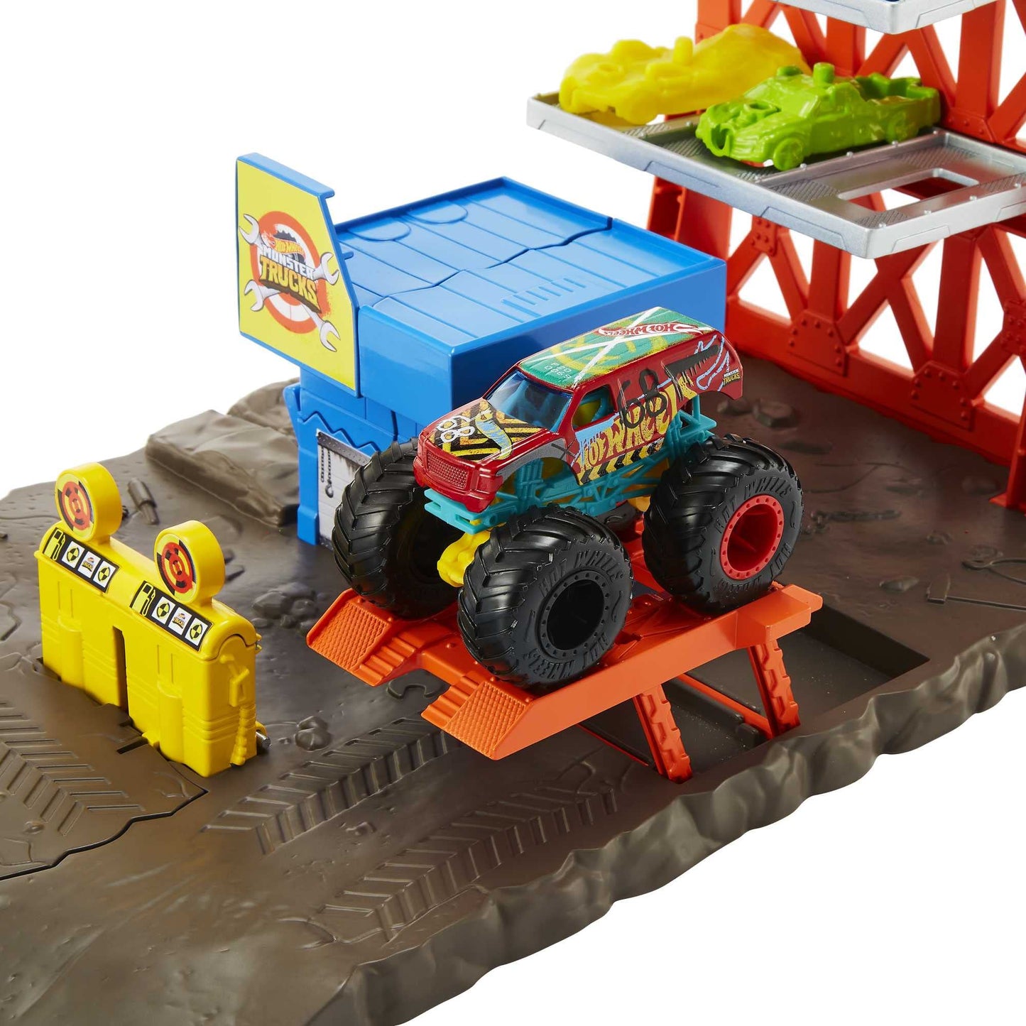 Hot Wheels Monster Trucks Blast Station Playset with 1:64 Scale Demo Derby Toy Truck & 3 Crushable Cars