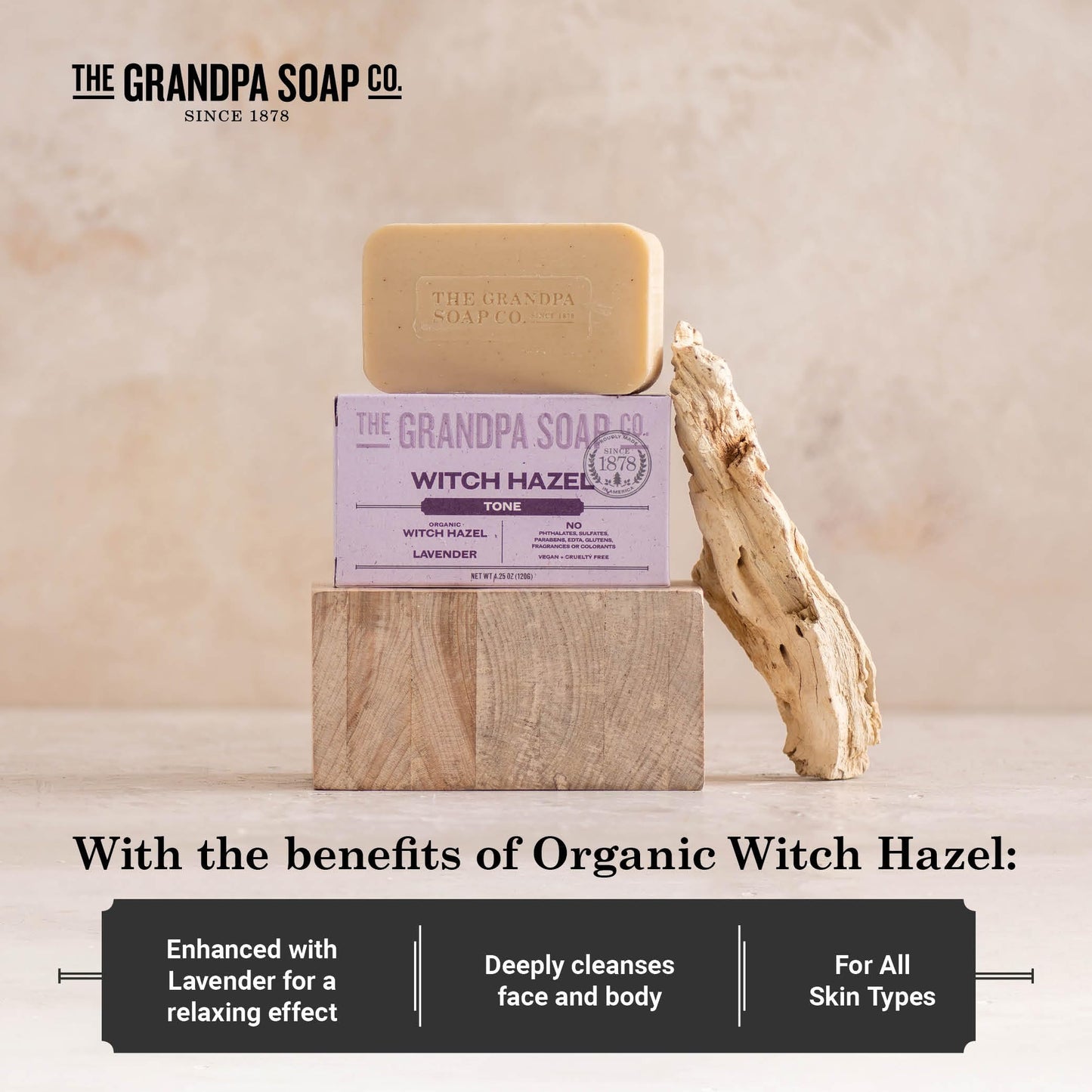 The Grandpa Soap Company Witch Hazel Bar Soap - Tones and Rejuvenates Skin, With Witch Hazel and Lavender, Provides a Relaxing Effect, Vegan, For Face