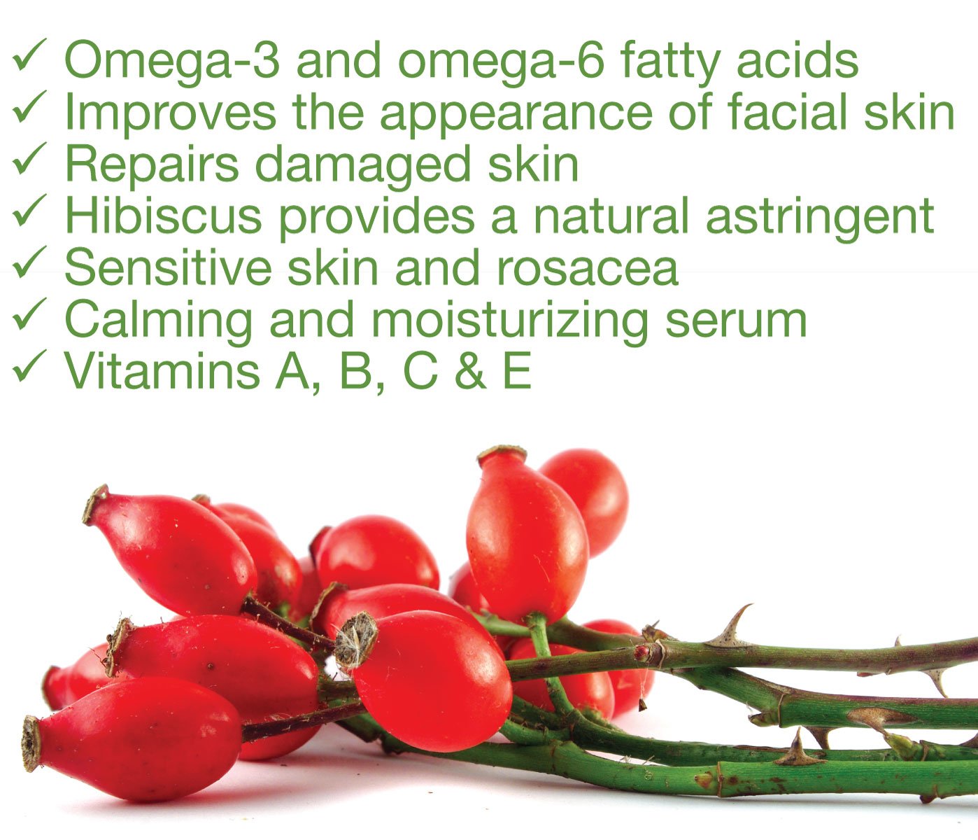 Rosehip Facial Serum - Calms Redness, Sensitive and Dry Skin, 2 oz