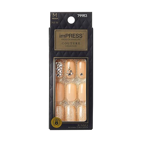 KISS imPRESS Press-On Nails Couture Collection Manicure Kit, ‘Lush Life’, Patented Super-Hold Adhesive, 30 Fake Nails with 12 Accent Nails