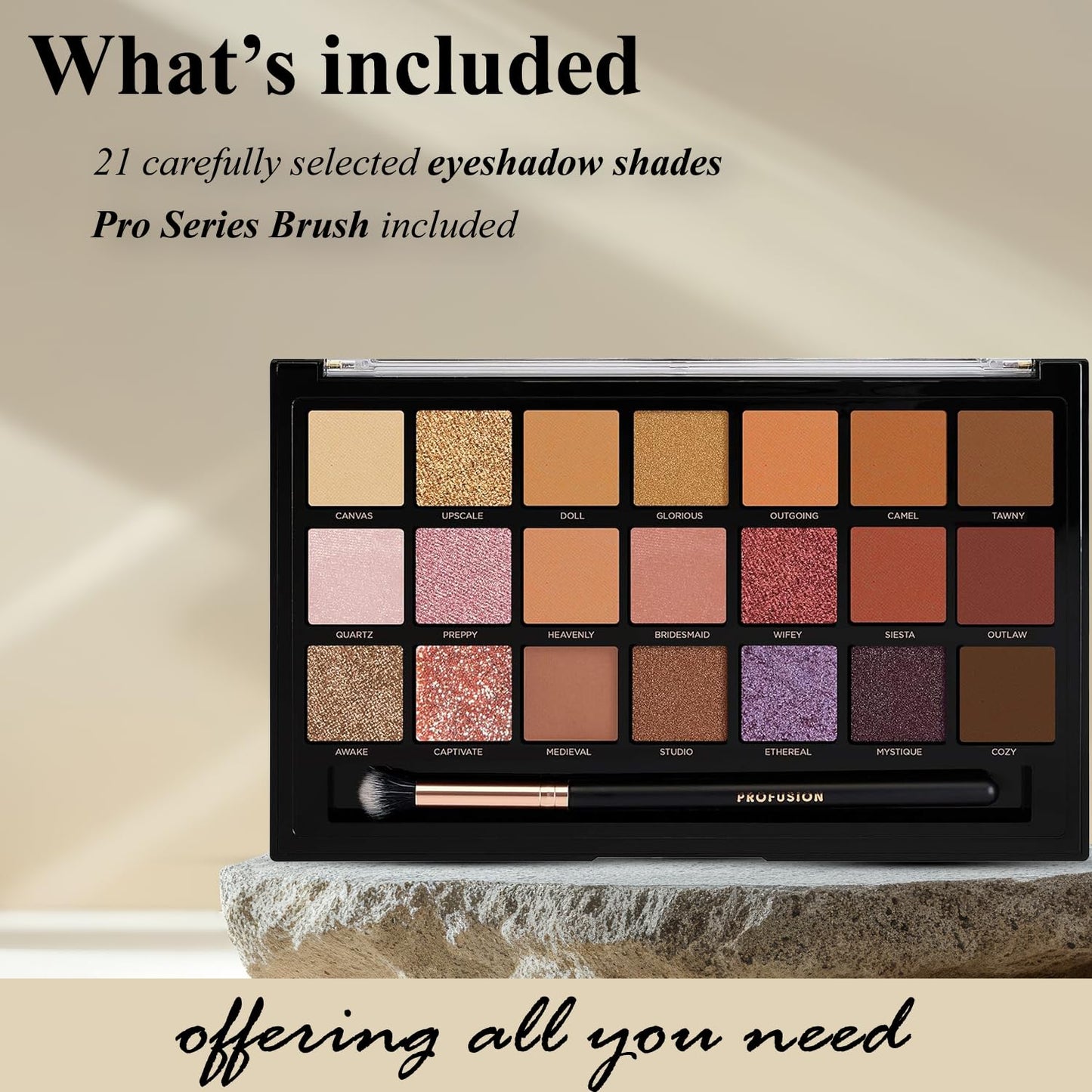 Profusion Cosmetics Nude Bliss 21 Shade Eyeshadow Palette and Pro Series Brush, Unleash Creativity and Get Glam With Richly Pigmented Eyeshadow…
