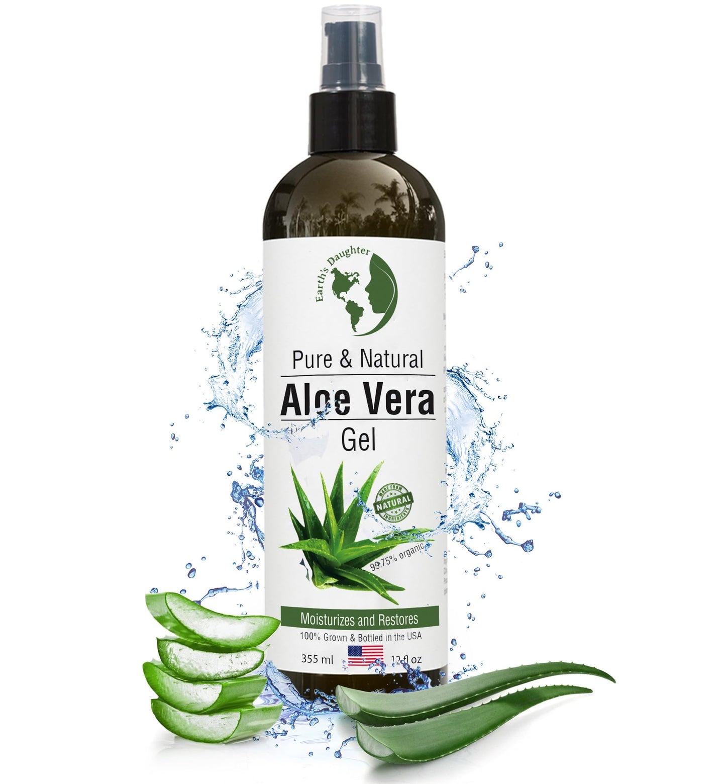 Earth's Daughter Organic Aloe Vera Gel from 100% Pure and Natural Cold Pressed Aloe - Moisturizes - Great for Face - Hair- Sunburn - Aftershave - Bug