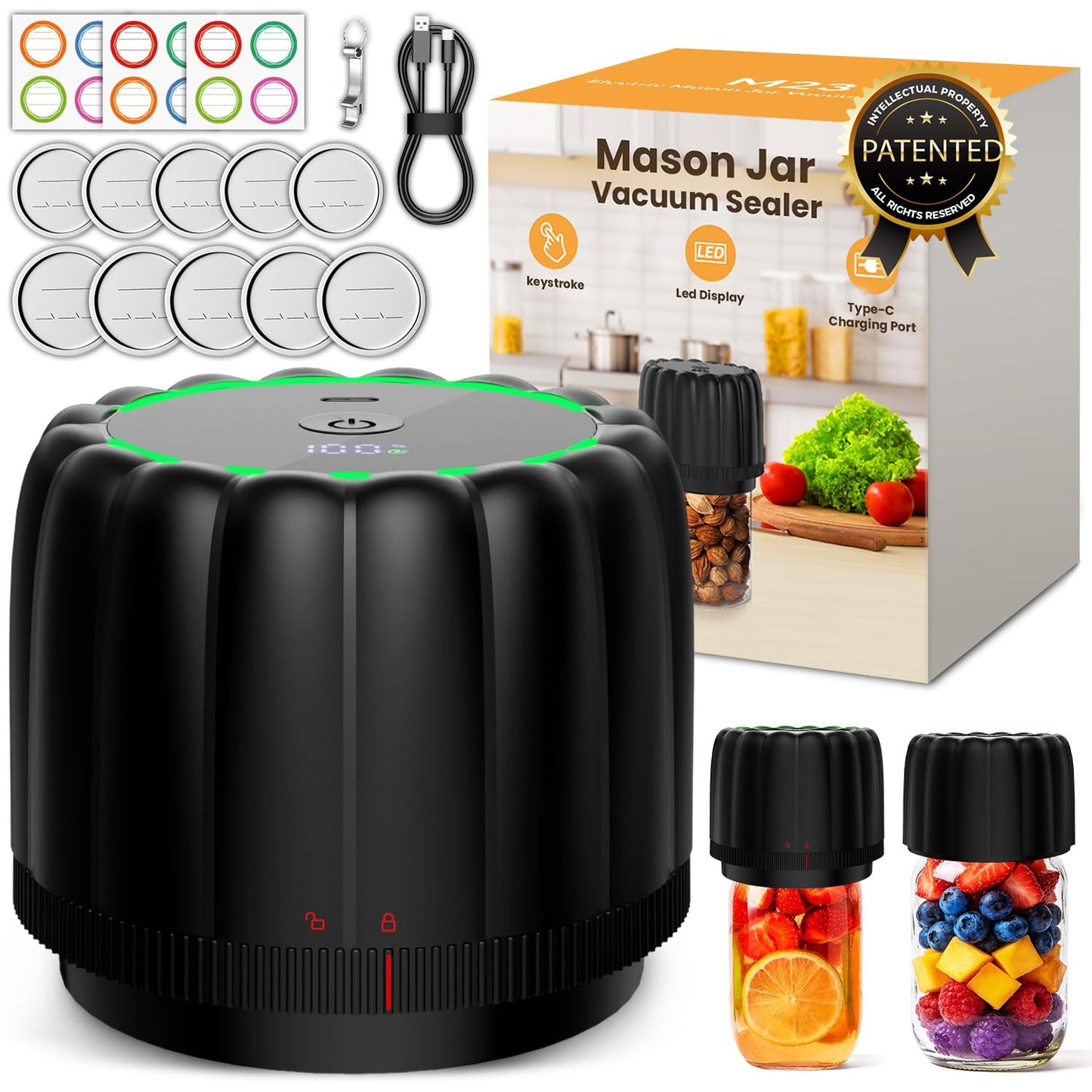 Snuuoby 2026 Upgrade Electric Mason Jar Vacuum Sealer Kit - with Wide and Regular Mouth Mason Lids -80kpa Automatic Vacuum Pump 2500mAh Battery One…