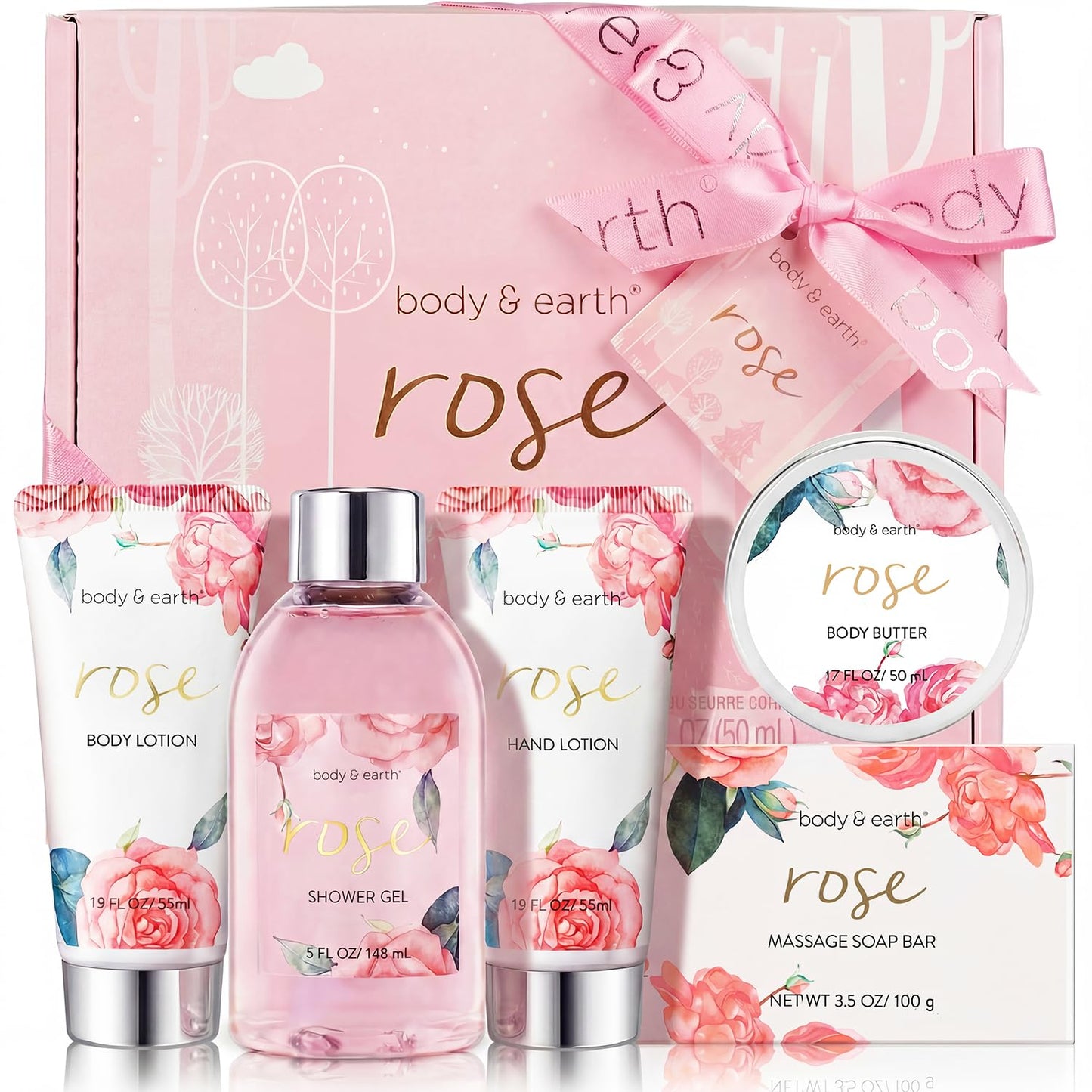 BODY & EARTH Spa Gift Set for Women - Luxurious 5 Pcs Bath and Body Box, Rose Scent, Includes Body Wash, Body Butter, Body Lotion and More, Birthday Beauty & Personal Care BODY & EARTH