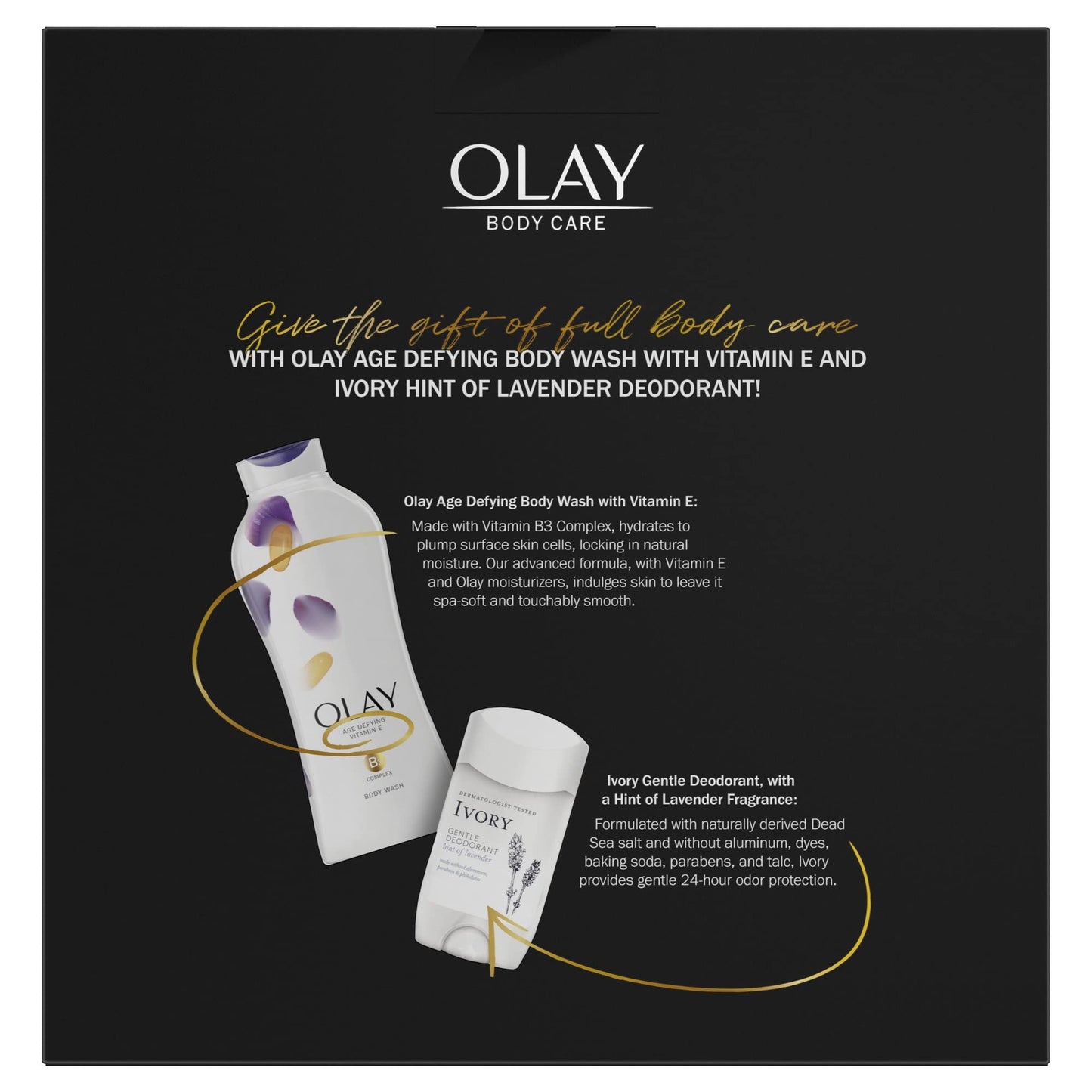 Holiday Gift Pack: Olay Age Defying Body Wash with Vitamin E, 22 fl oz, Olay Cleansing & Renewing Nighttime Body Wash, 3 oz & Ivory Gentle Aluminum