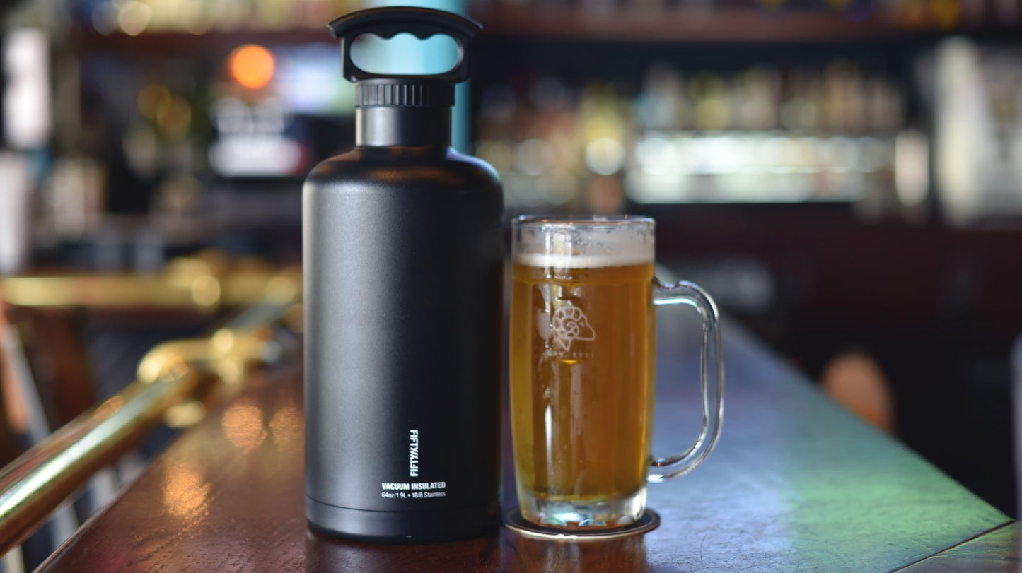 Fifty/Fifty Growler, Double Wall Vacuum Insulated Water Bottle, Stainless Steel, 3 Finger Cap w/ Standard Top, Black, 64oz/1.9L, V65001BK0