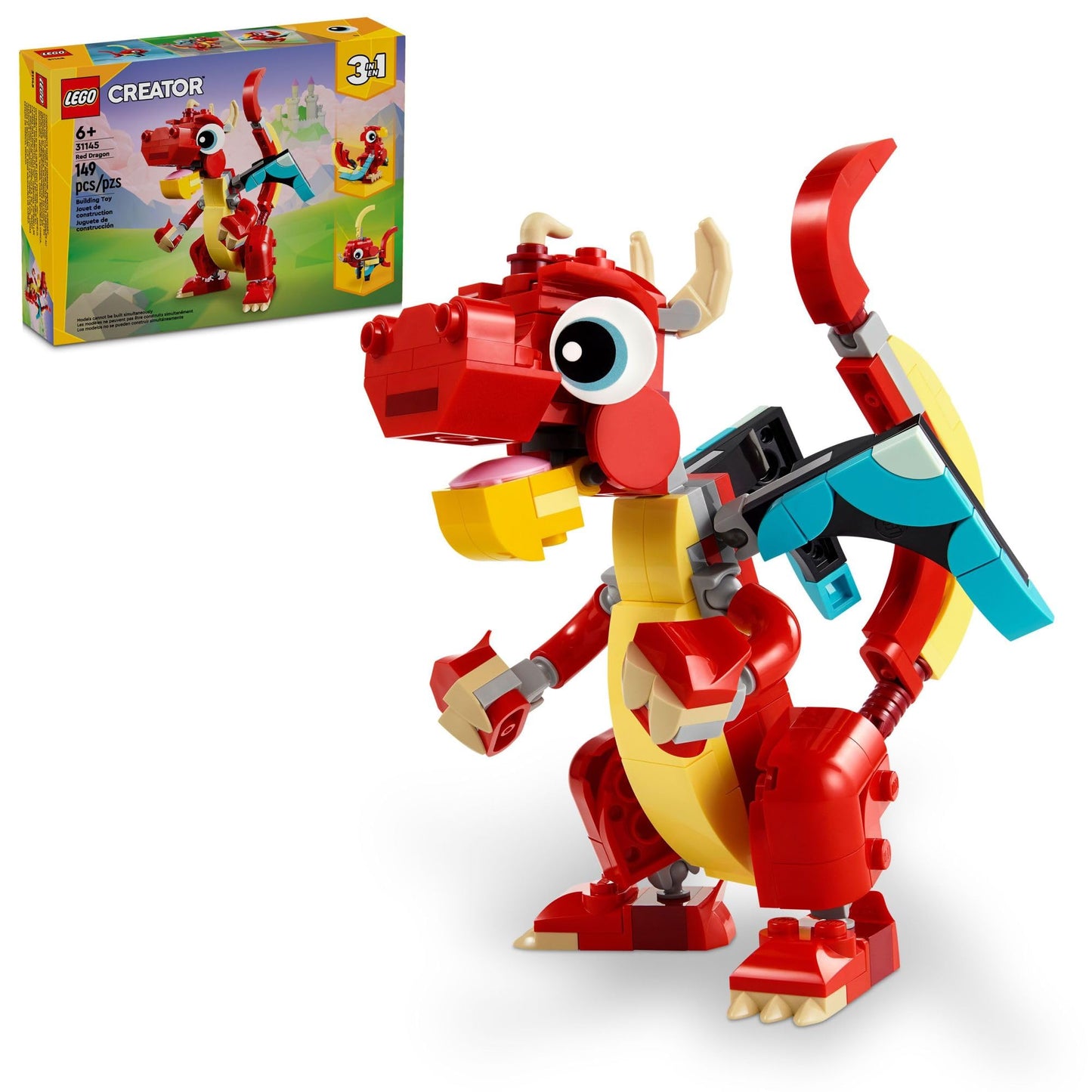 LEGO Creator 3 in 1 Red Dragon Toy 31145, Builds Dragon, Fish or Phoenix, Animal Building Set Gift for Kids Ages 6+