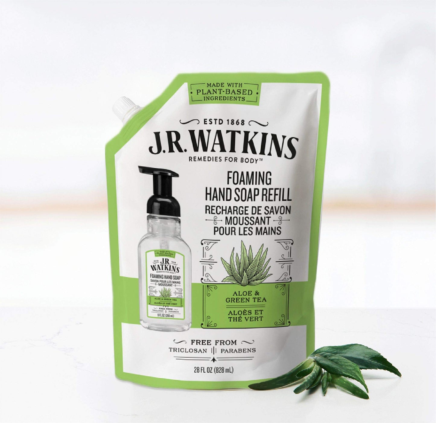 J.R. Watkins Foaming Hand Soap Refill Pouch, Scented Foam Handsoap for Bathroom or Kitchen, USA Made and Cruelty Free, 28 fl oz, Aloe & Green Tea, 2