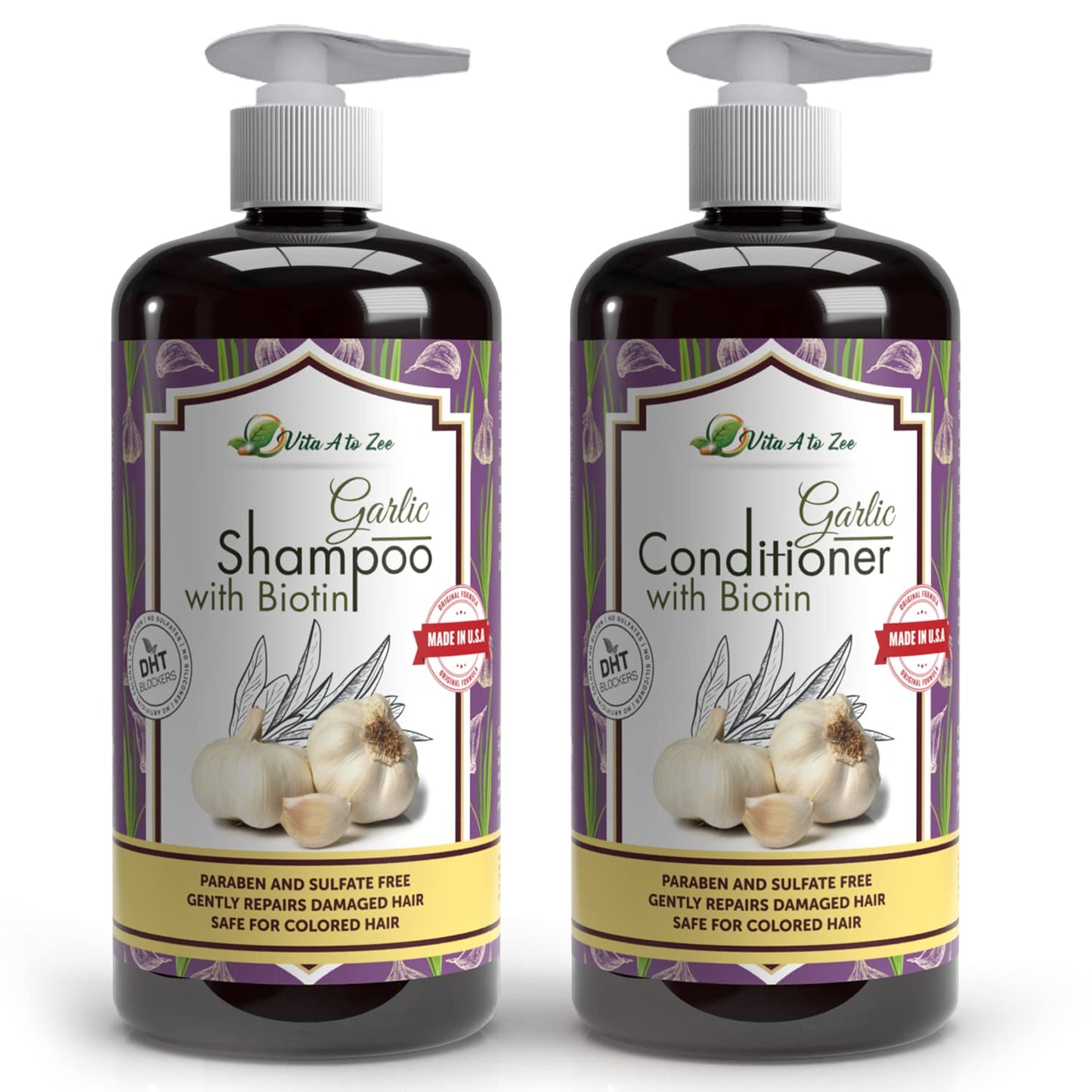 Vita A to Zee Garlic Hair Shampoo & Conditioner with Anti DHT Blocker - Garlic Natural Hair Treatment for Hair Growth, Loss, Thinning & Itchy Scalp