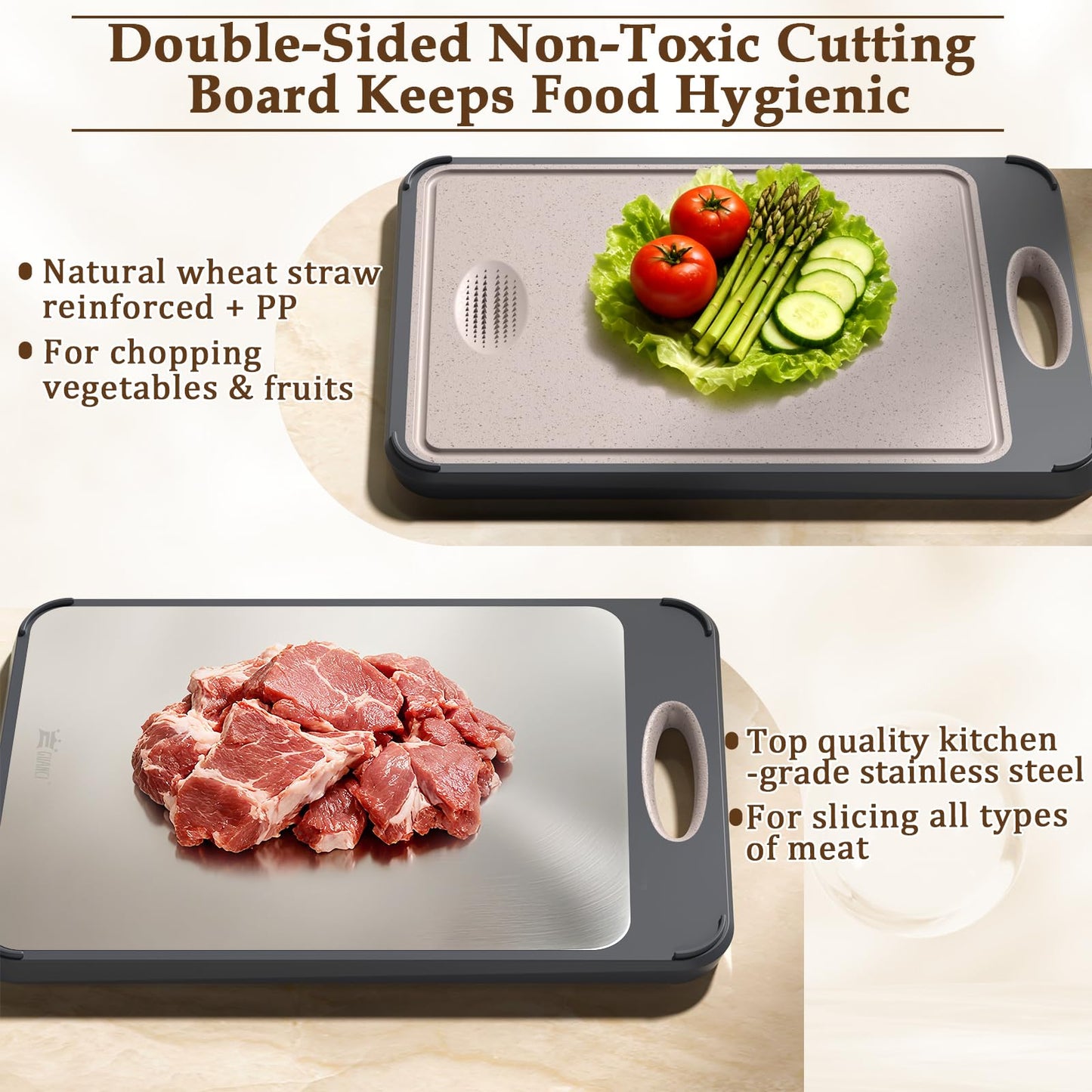 GUANCI Cutting Board for Kitchen, Stainless Steel Cutting Board Double Sided for Chopping Meat/Vegetables, Stainless Steel/Wheat Straw PP, Kitchen…