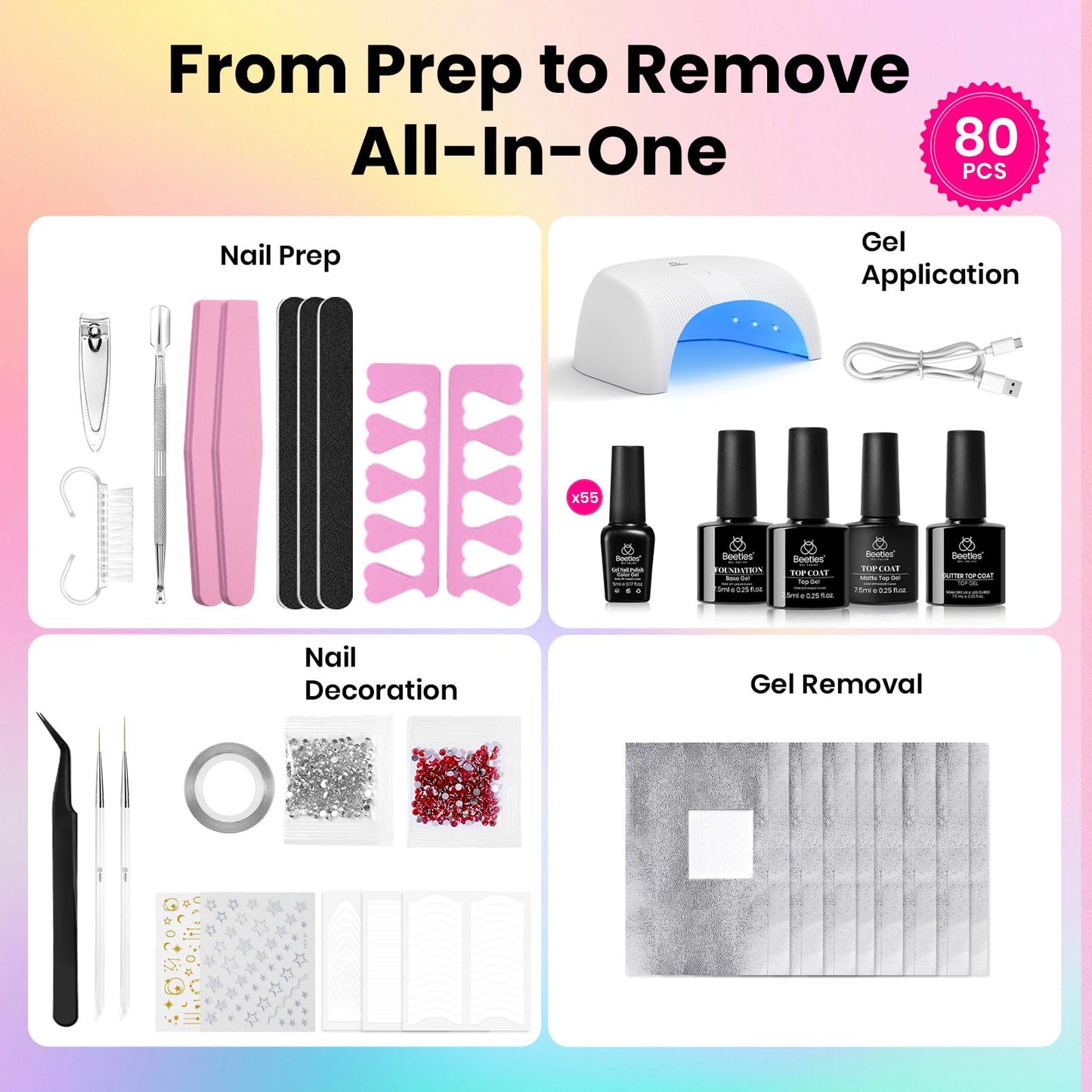Beetles Gel Nail Polish Kit with U V Light - 80Pcs Color Enchantment 55 Colors Gel Polish Starter Kit with Base Top Coat DIY Nails Supply Stickers Beauty and Personal Care beetles Gel Polish