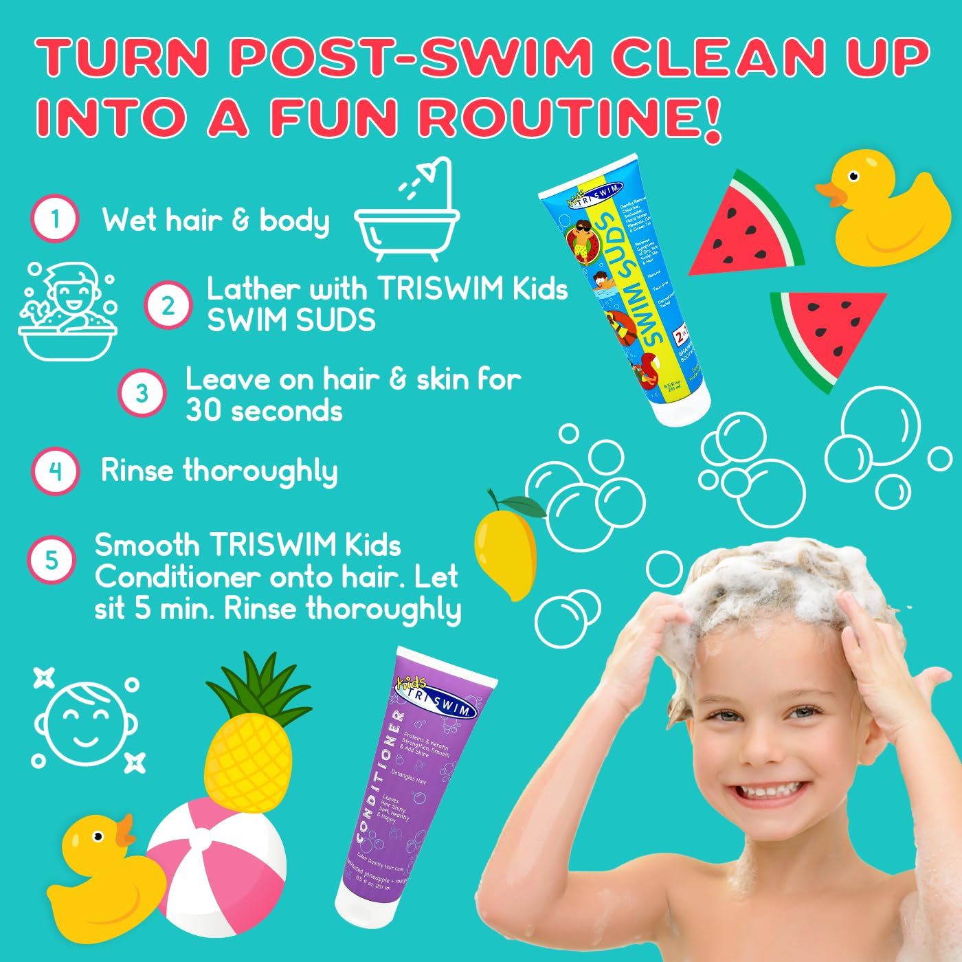TRISWIM Kids Swim Suds & Conditioner Set 8.5 fl oz each | Natural Tear-Free 2-in-1 Shampoo Chlorine Removal & Body Wash with Detangler - Gentle Hair