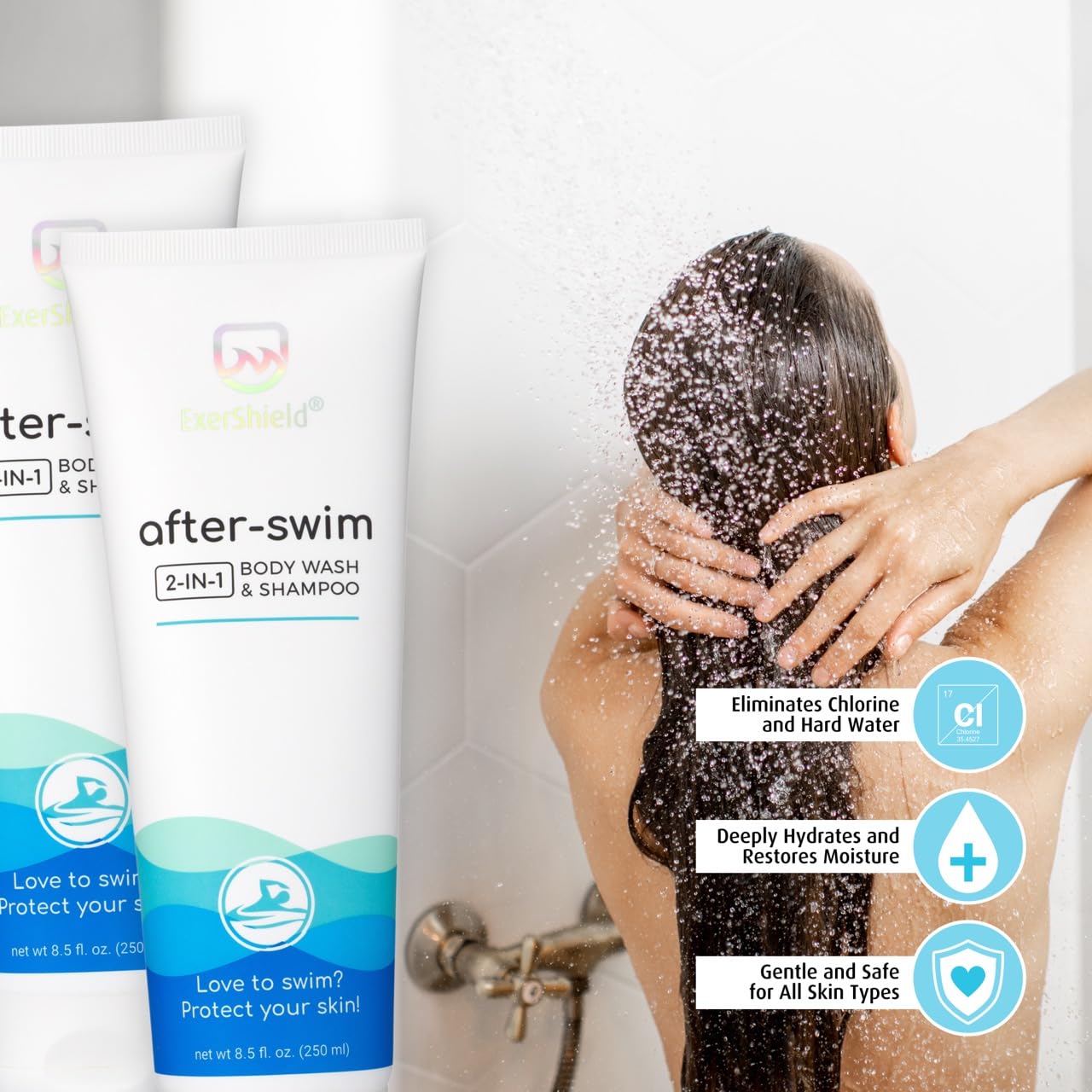 Exershield 2 in 1 Chlorine Body Wash and Chlorine Shampoo for Swimmers - After Swim Chlorine Odor Removal Body Wash and Swimmer Shampoo; NEW IMPROVED