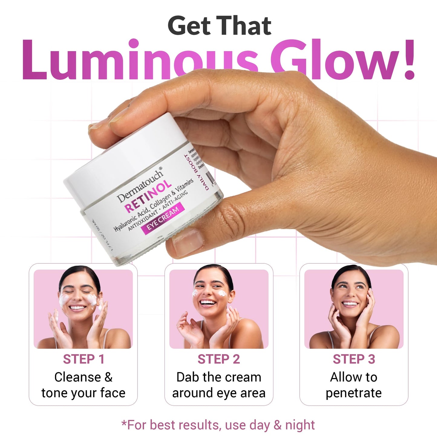 DERMATOUCH Retinol Eye Cream With Hyaluronic Acid, Vitamin C, A, & E, Collagen, & Caffeine, Under Eye Moisturizer With Vitamins & Antioxidants, Gluten