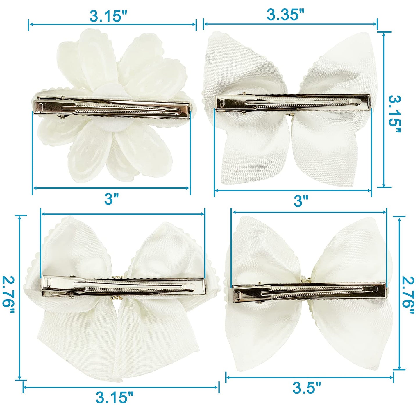 Pearls White Hair Bows for Girls, 4 Pieces Elegant Flower Rhinestone Alligator Hair Clips Beads Hairgrip for Women Teens