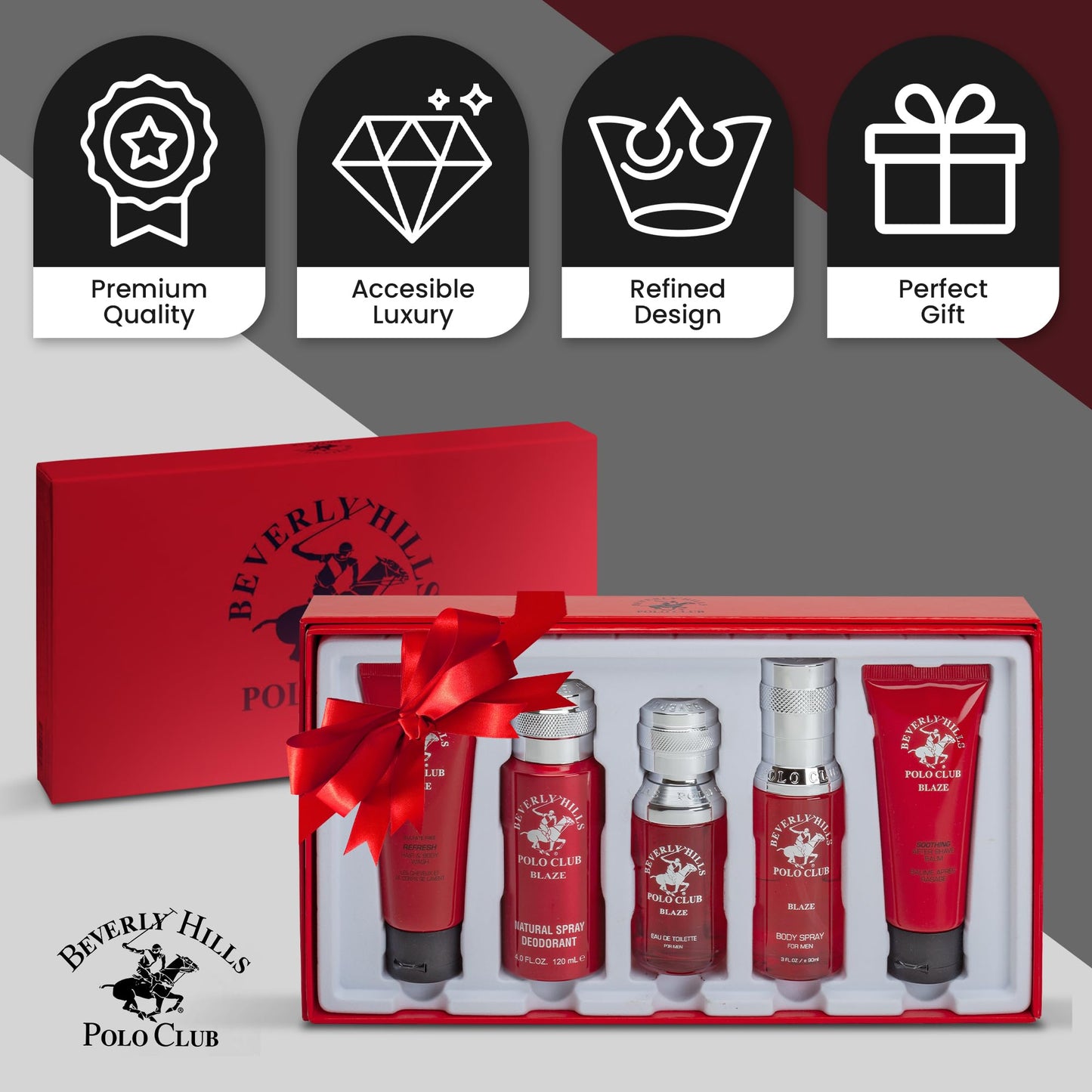 Beverly Hills Polo Club Blaze Men's 5-Piece Luxury Cologne Gift Set - Long-Lasting Spicy Woodsy Fresh Eau de Toilette Fragrance Collection for Him