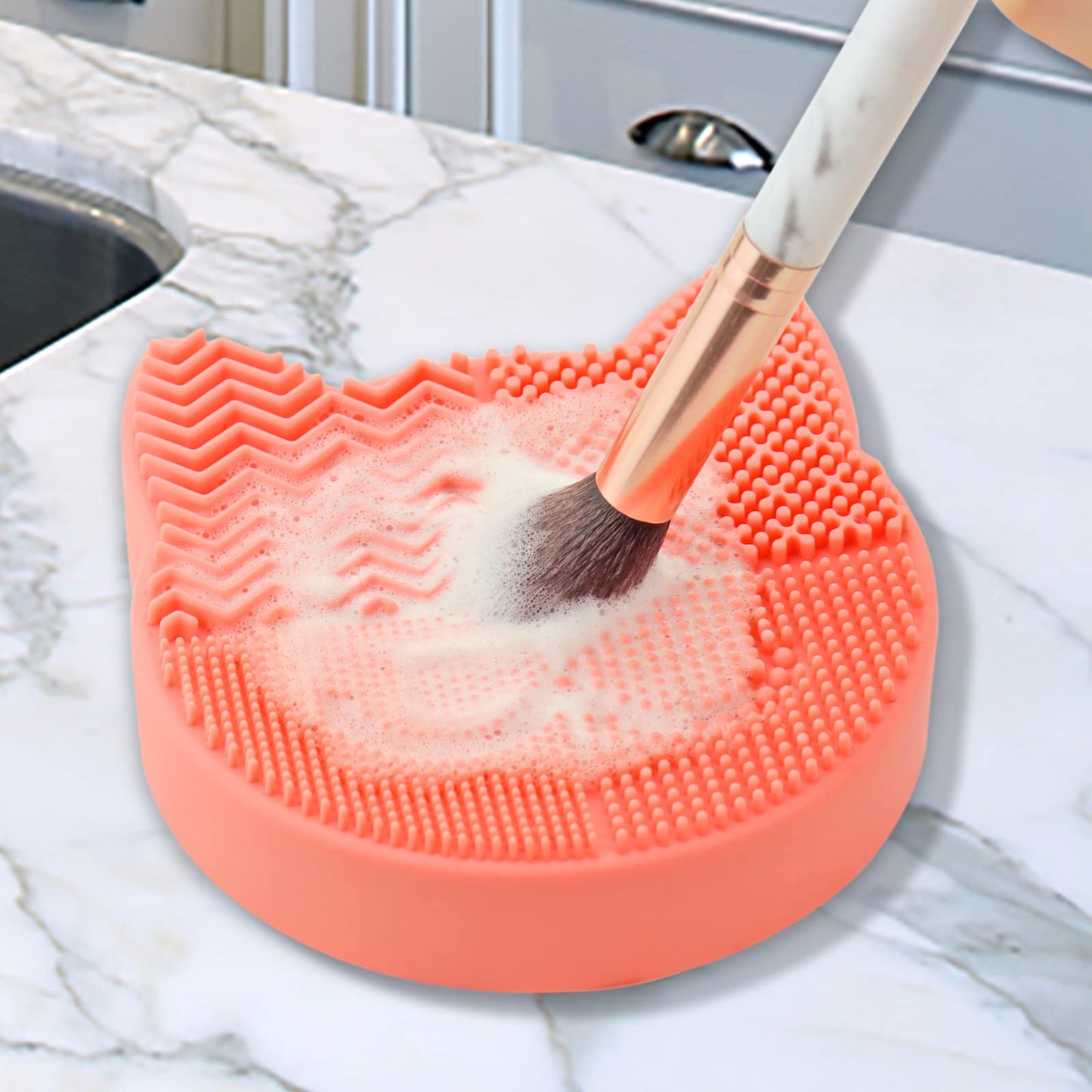 Makeup Brush Cleaning Mat with Drying Holder for Sink-Silicone Washing Cosmetic Brush Cleaner Pad (Orange)
