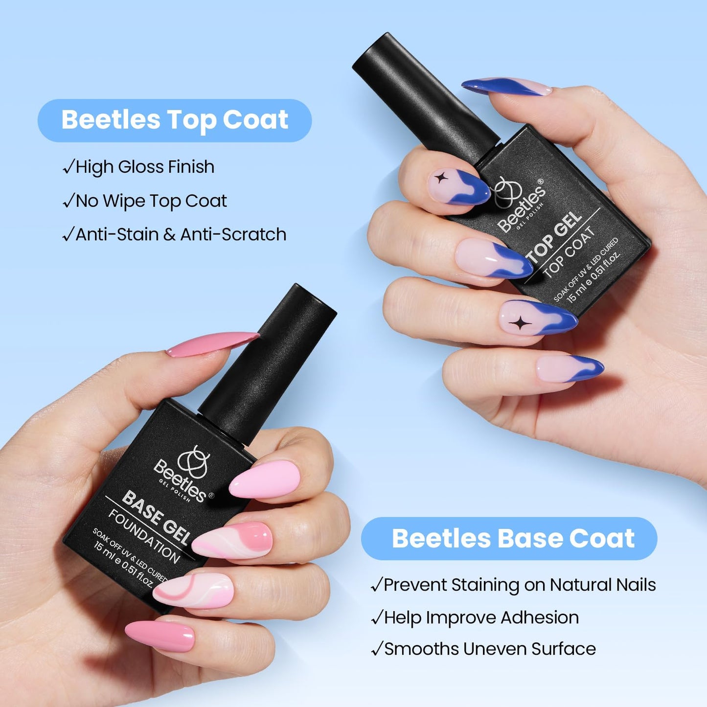 Beetles No Wipe Gel Top Coat and Base Coat Set for Gel Nail Polish - 2Pcs 15ml Super Shiny and Long Lasting Soak Off UV/LED Lamp Nail Art Design Gift Beauty and Personal Care beetles Gel Polish