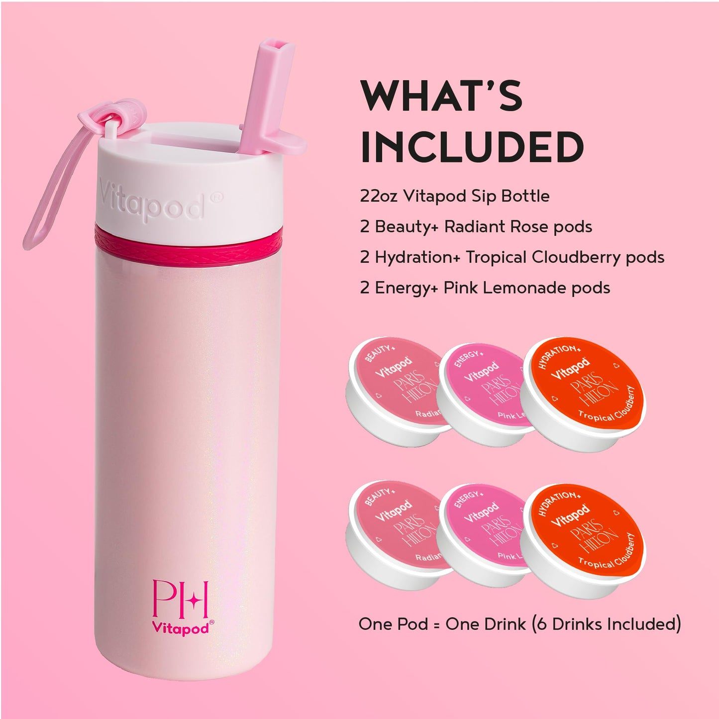 Vitapod Paris Hilton x Daily Wellness System - 22oz Pearlescent Water Bottle in That's Hot Pink & 6 Drink Mix Pod Sampler, Includes BEAUTY+